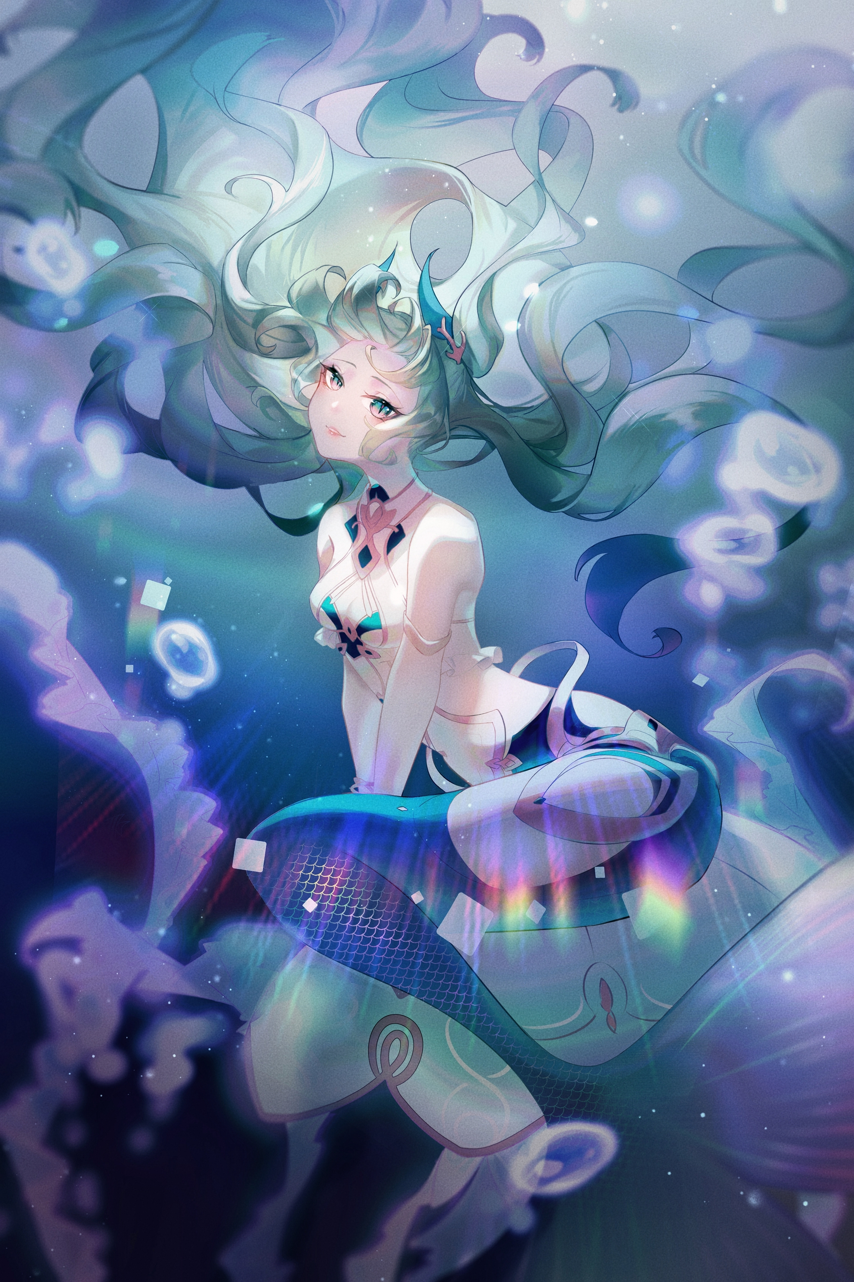 hulai de gou sheng, mobius (daughter of corals) (honkai impact), mobius (honkai impact), honkai (series), honkai impact 3rd, absurdres, highres, 1girl, breasts, cleavage, full body, green eyes, green hair, grin, long hair, looking at viewer, medium breasts, mermaid, monster girl, slit pupils, smile, solo, teeth, underwater, wavy hair