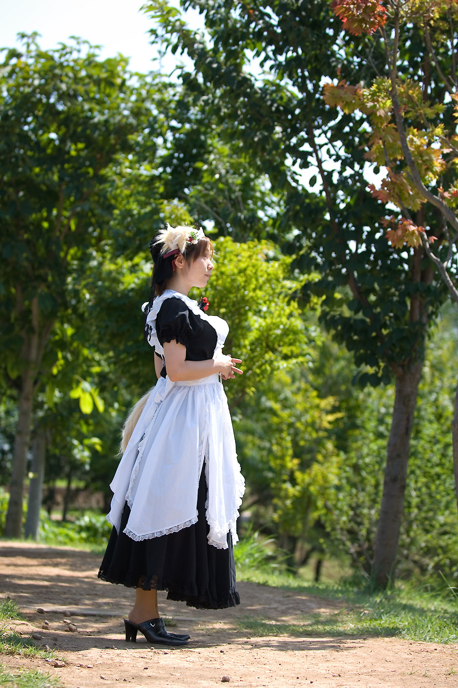 anya, highres, photo (medium), animal ears, apron, cosplay, dog ears, maid, maid apron, tail