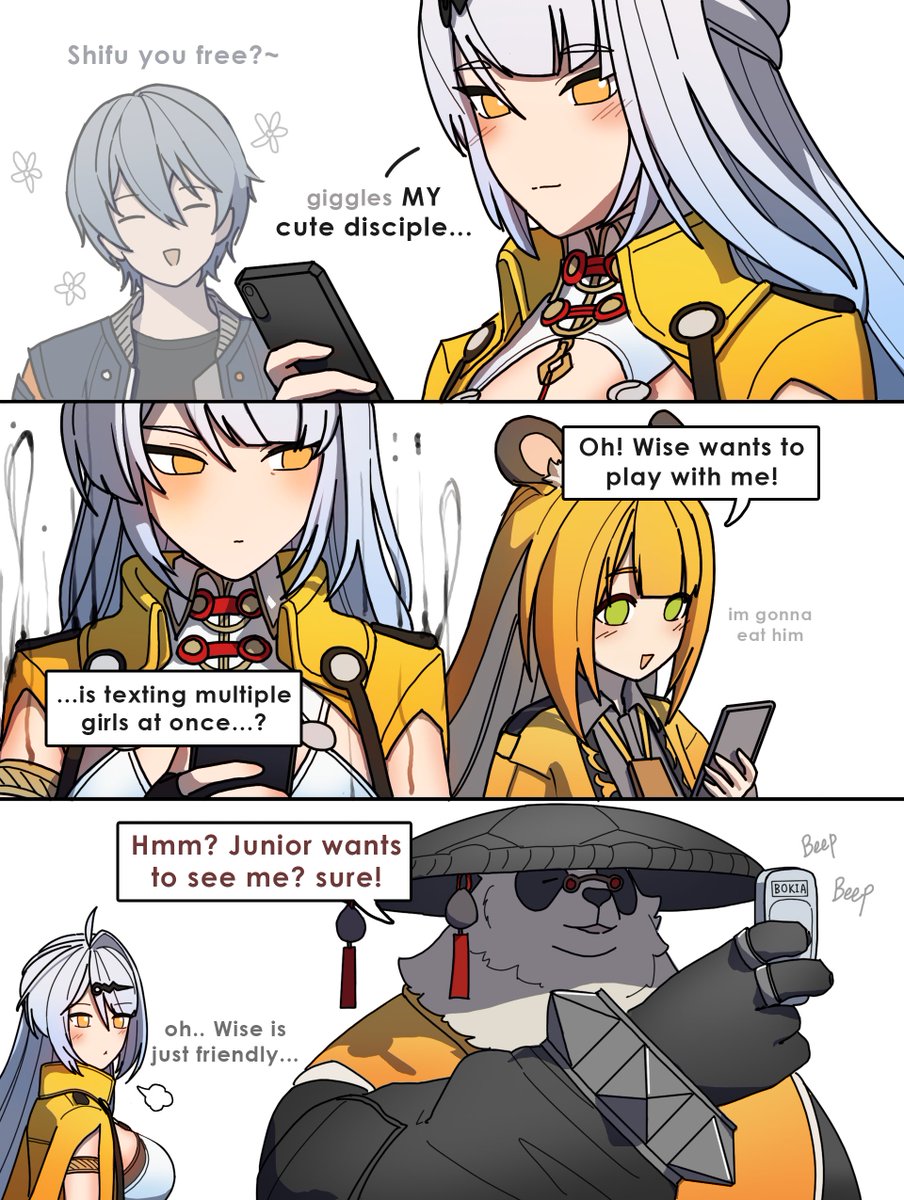dorahdew, ju fufu, pan yinhu, wise (zenless zone zero), yixuan (zenless zone zero), zenless zone zero, highres, 2boys, 2girls, animal ears, blonde hair, blush, breasts, cellphone, closed eyes, green eyes, grey hair, hat, jacket, large breasts, long hair, multiple boys, multiple girls, open clothes, open jacket, panda, phone, shirt, smartphone, tiger ears, white hair, yellow eyes, yellow shirt
