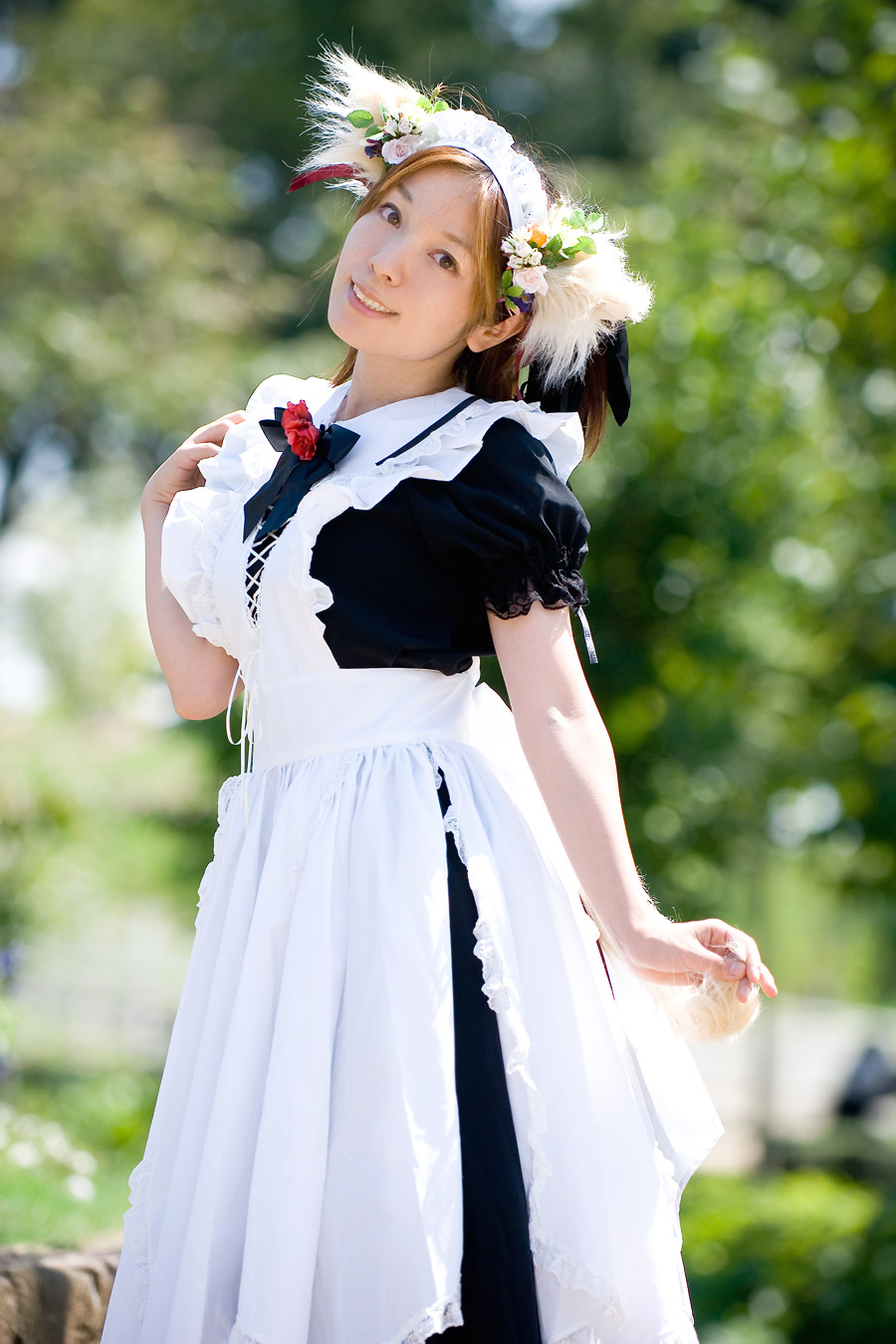 anya, highres, photo (medium), animal ears, apron, cosplay, dog ears, maid, maid apron, tail