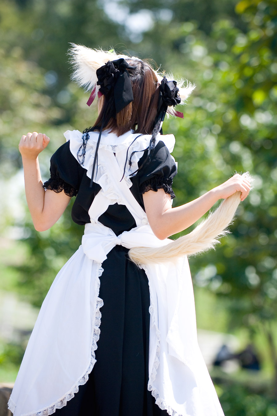 anya, highres, photo (medium), animal ears, apron, cosplay, dog ears, maid, maid apron, tail