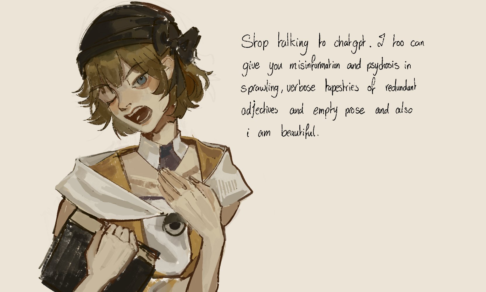 hatsburg, cine hamal, kuzu suzumi, len'en, highres, 1other, androgynous, annoyed, bandana, bare arms, black bandana, blue eyes, book, brooch, brown hair, choker, collarbone, cropped torso, english text, eye brooch, eye of senri, hand on own chest, head tilt, holding, holding book, jacket, jewelry, light blush, meme, meme request, one eye closed, open clothes, open jacket, open mouth, orange jacket, other focus, scarf, shirt, short hair, simple background, sleeveless, sleeveless jacket, sleeveless shirt, solo, teeth, turban, white background, white choker, white scarf, white shirt