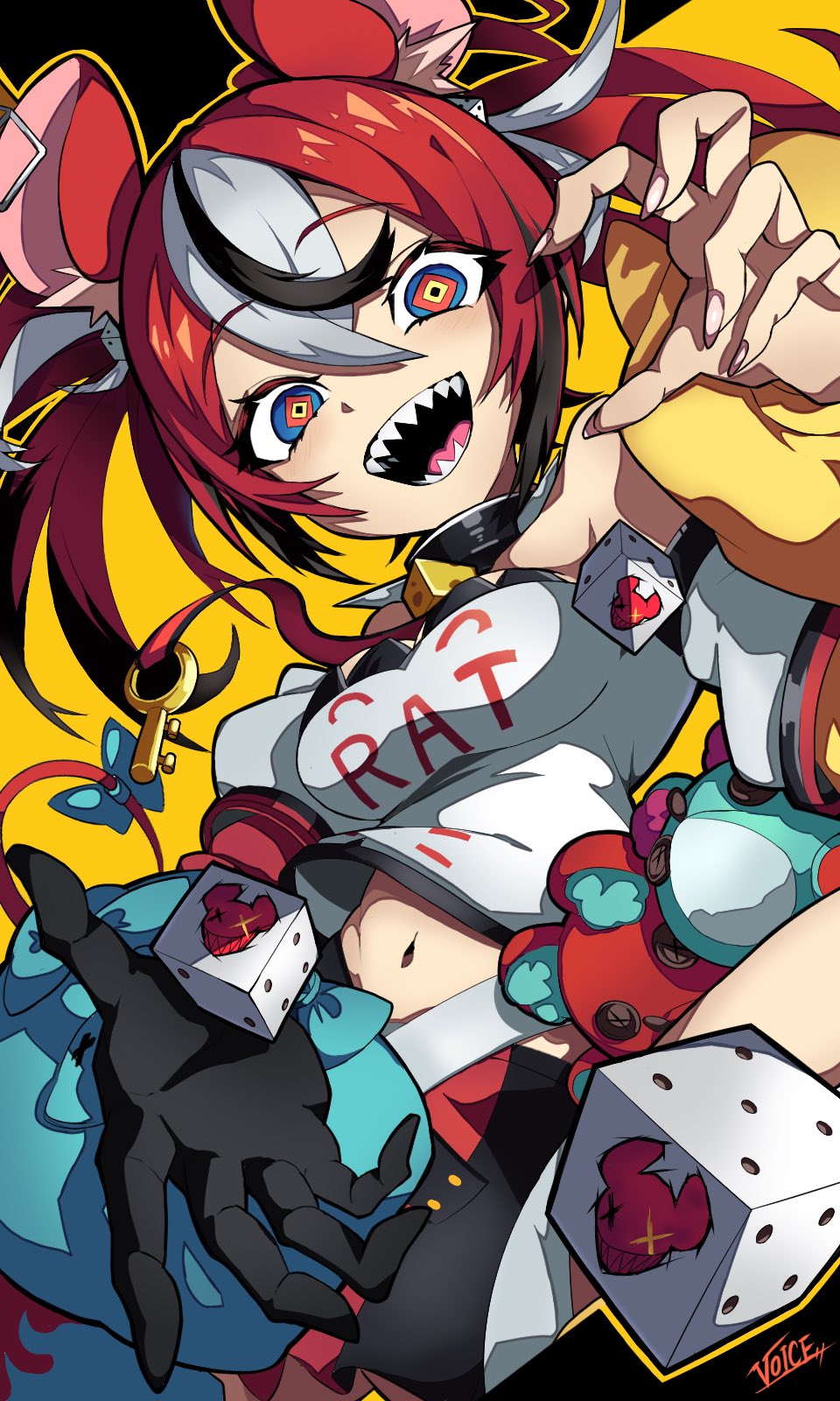 bis814, hakos baelz, hakos baelz (1st costume), hololive, hololive english, highres, 1girl, animal ears, black collar, black hair, black skirt, blue bow, blue eyes, bow, breasts, collar, dice, gloves, long hair, medium breasts, mouse ears, mouse girl, mouse tail, multicolored hair, open mouth, red hair, red skirt, shirt, single glove, skirt, smile, solo, streaked hair, tail, tail bow, tail ornament, twintails, two-tone skirt, very long hair, white hair, white shirt