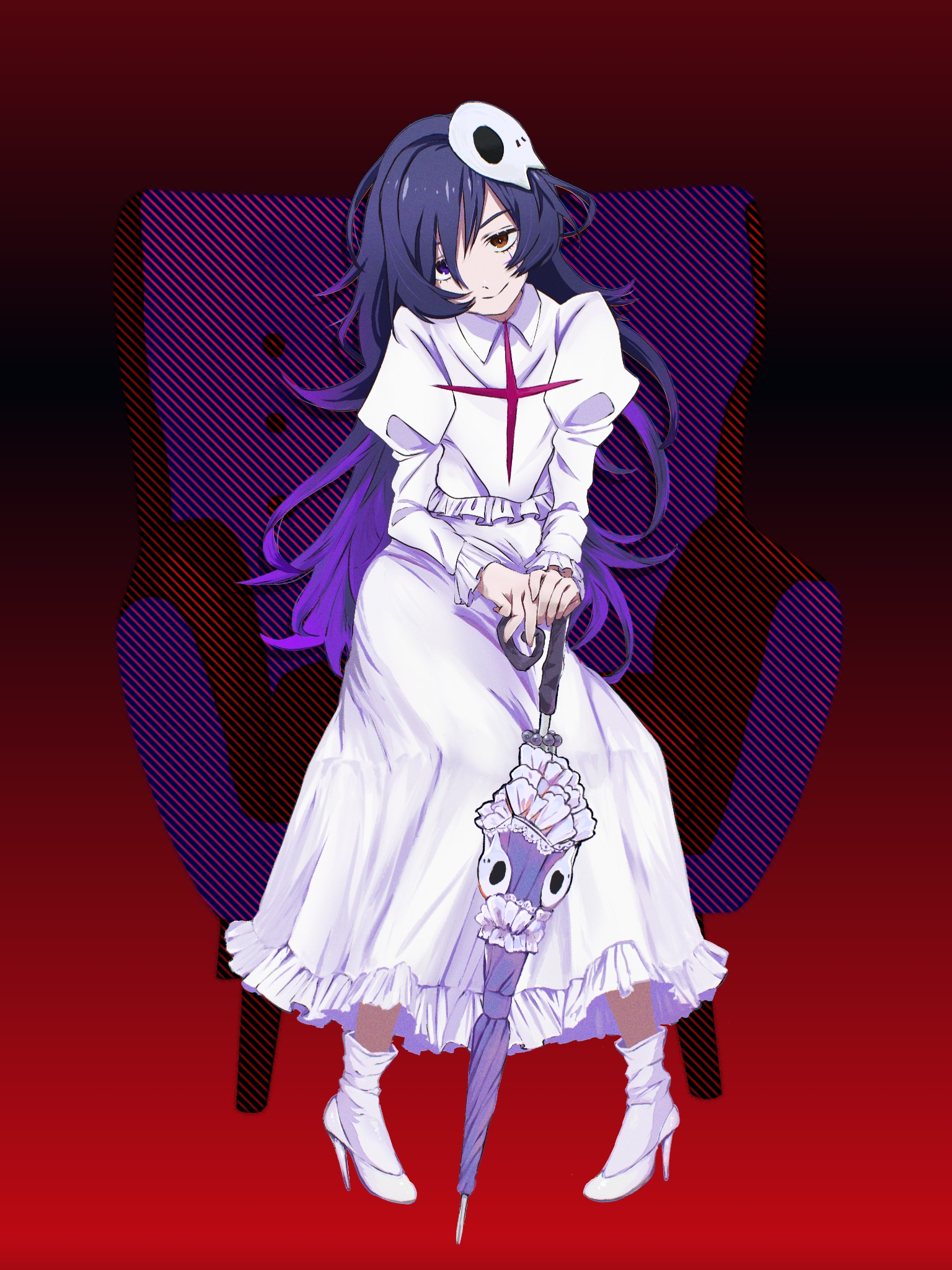 mahou shoujo magical destroyers, highres, 1girl, black background, chair, closed umbrella, cross, cross facial mark, dress, facial mark, formula m02, frilled dress, frills, gradient background, hair ornament, hair over one eye, head tilt, heterochromia, high heels, holding, holding umbrella, juliet sleeves, knees together feet apart, long hair, long sleeves, looking at viewer, messy hair, on chair, orange eyes, puffy sleeves, purple eyes, purple hair, purple umbrella, red background, shoes, sitting, skull hair ornament, slayer (magical destroyers), smile, solo, umbrella, very long hair, white dress, white shoes