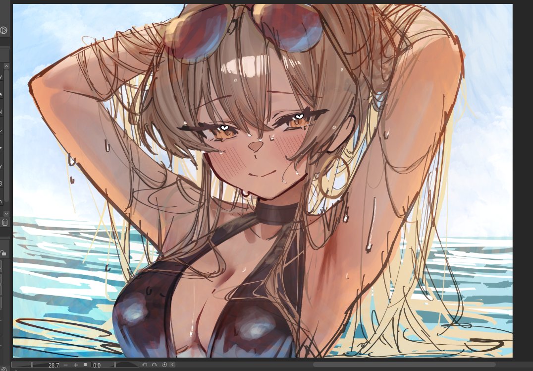 betabeet, nagisa (blue archive), nagisa (swimsuit) (blue archive), blue archive, 1girl, adjusting hair, black one-piece swimsuit, breasts, cleavage, long hair, official alternate costume, one-piece swimsuit, partially submerged, smile, solo, swimsuit, upper body, water, wet