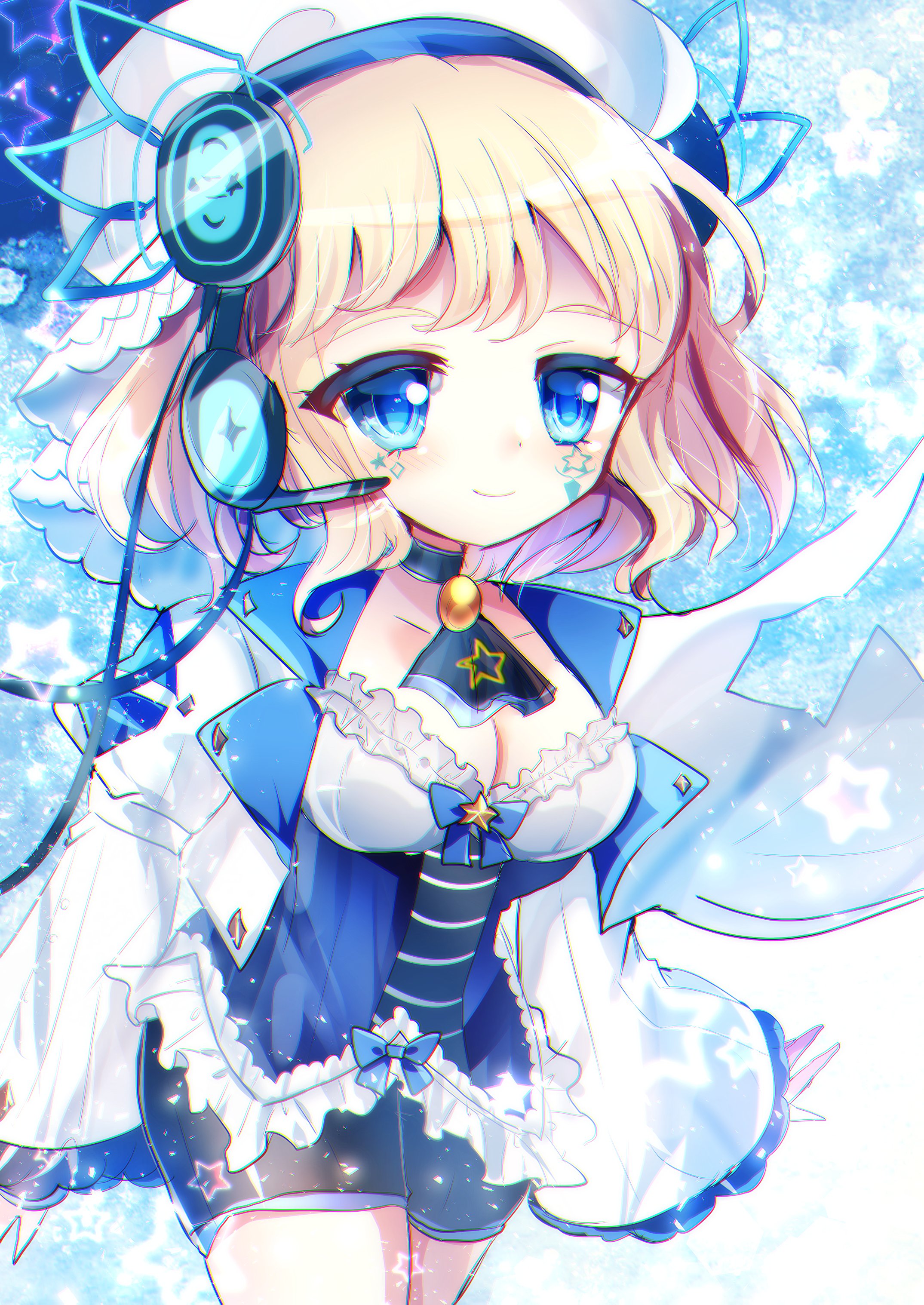 chisen maimai, spica 7, eto (arcaea), arcaea, absurdres, highres, beret, blonde hair, blue bow, blue eyes, blue shirt, boots, bow, buttons, cable, cape, curly hair, facial tattoo, frilled sleeves, frills, hat, large buttons, layered skirt, long sleeves, miniskirt, pleated skirt, ribbon, scissors, shirt, shoes, short hair, shorts, skirt, smile, star (symbol), star tattoo, straight hair, tattoo, white bow, white cape, white hair, white hat, wrist cuffs