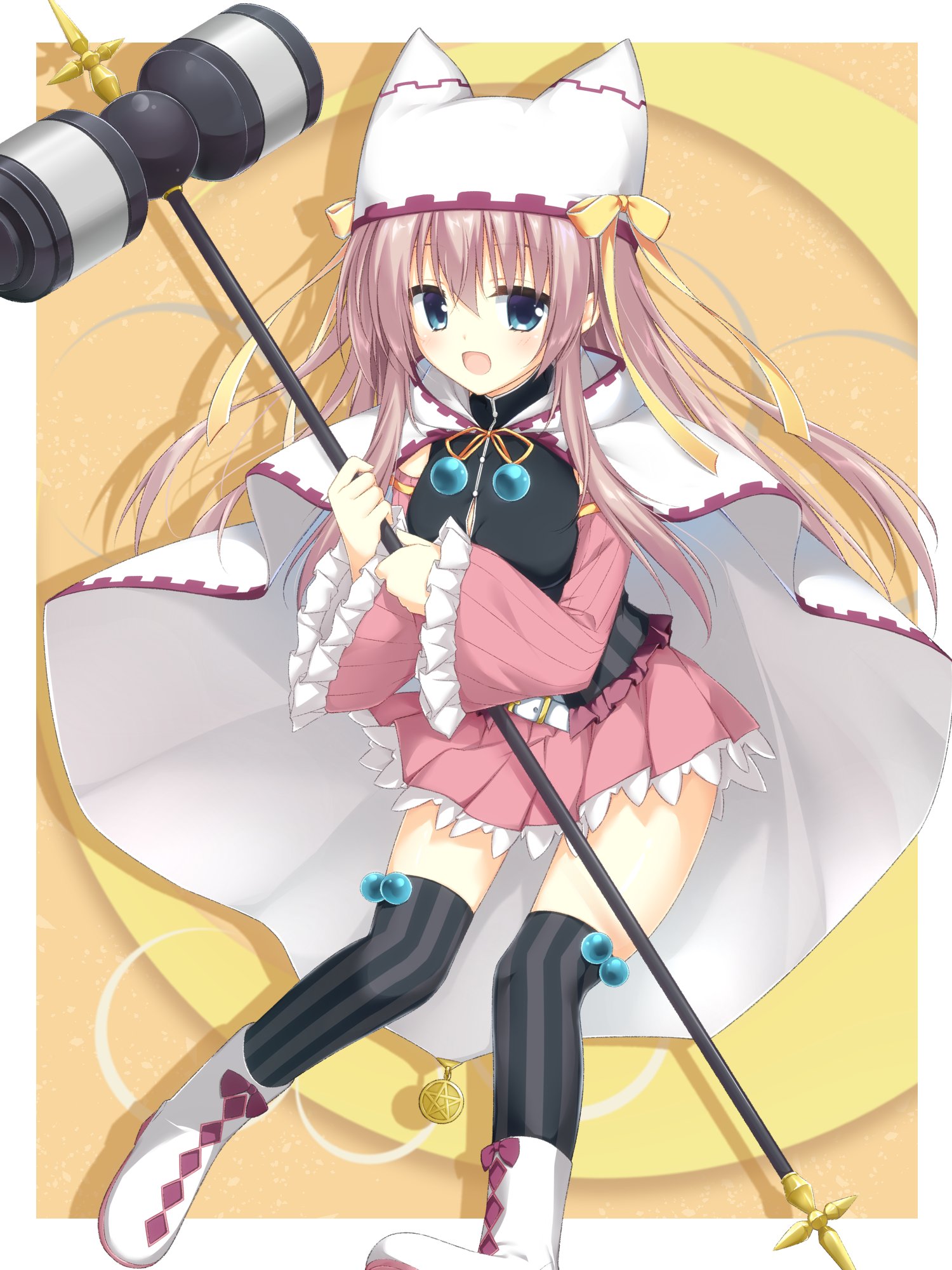 asagi nanami, shiiba tsumugi, sanoba witch, commentary request, highres, 1girl, :d, animal ear headwear, belt, black shirt, black thighhighs, blue eyes, blush, boots, border, bow, breasts, brown hair, cape, clenched hands, crescent, detached sleeves, drop shadow, fake animal ears, frilled skirt, frilled sleeves, frills, full body, hair between eyes, hammer, happy, hat, hat bow, hat ribbon, holding, holding hammer, large breasts, long hair, long sleeves, looking at viewer, magical girl, miniskirt, official alternate costume, official alternate hairstyle, open mouth, outside border, pink skirt, pleated skirt, ribbon, shirt, sidelocks, simple background, skirt, sleeveless, sleeveless shirt, smile, solo, standing, straight hair, striped clothes, striped thighhighs, thighhighs, vertical-striped clothes, vertical-striped thighhighs, very long hair, white belt, white boots, white border, white cape, white hat, wide sleeves, yellow background, yellow bow, yellow ribbon, zettai ryouiki