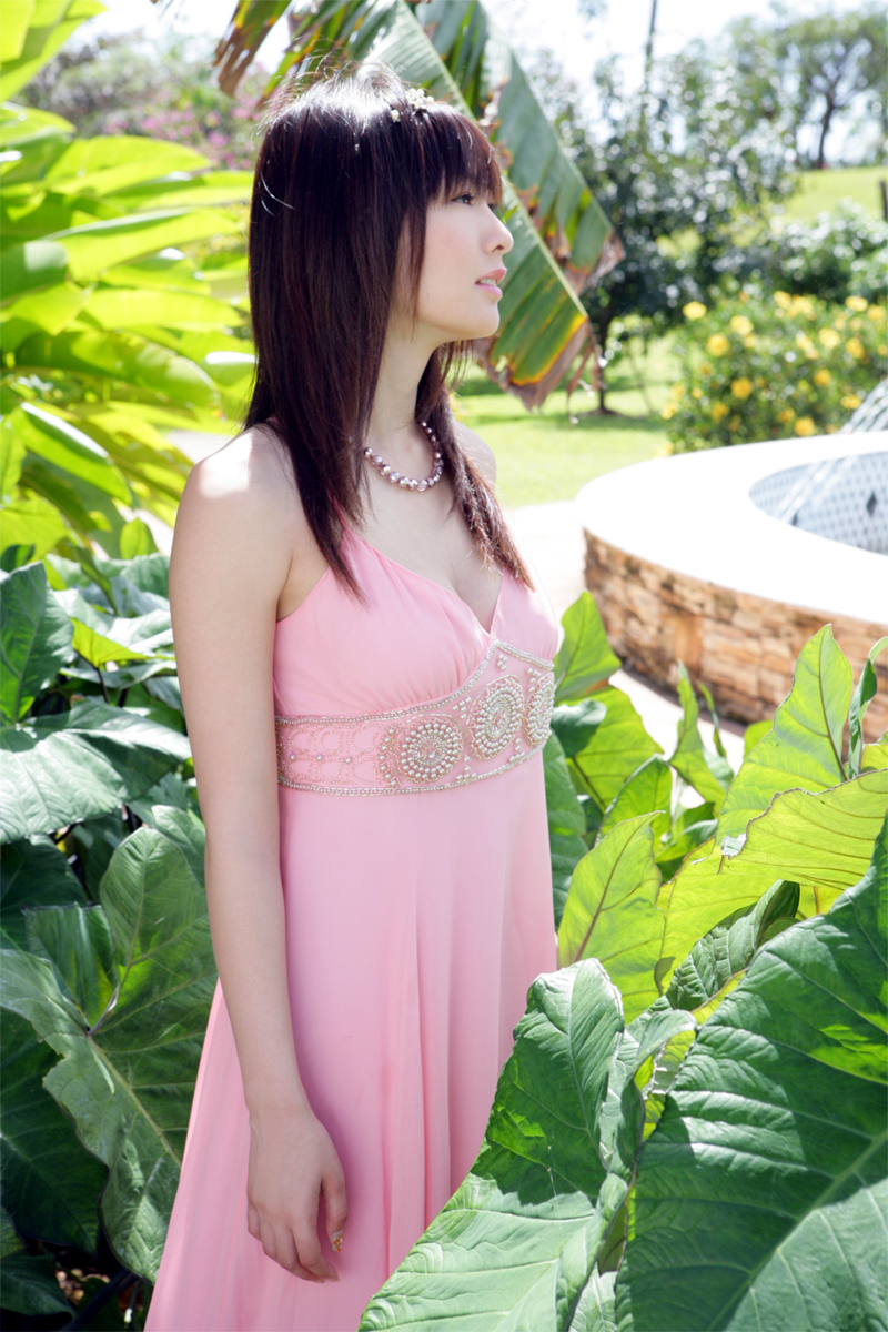 nagasawa nao, highres, photo (medium), 1girl, asian, dress, fountain, hairband, jewelry, necklace, pearl necklace