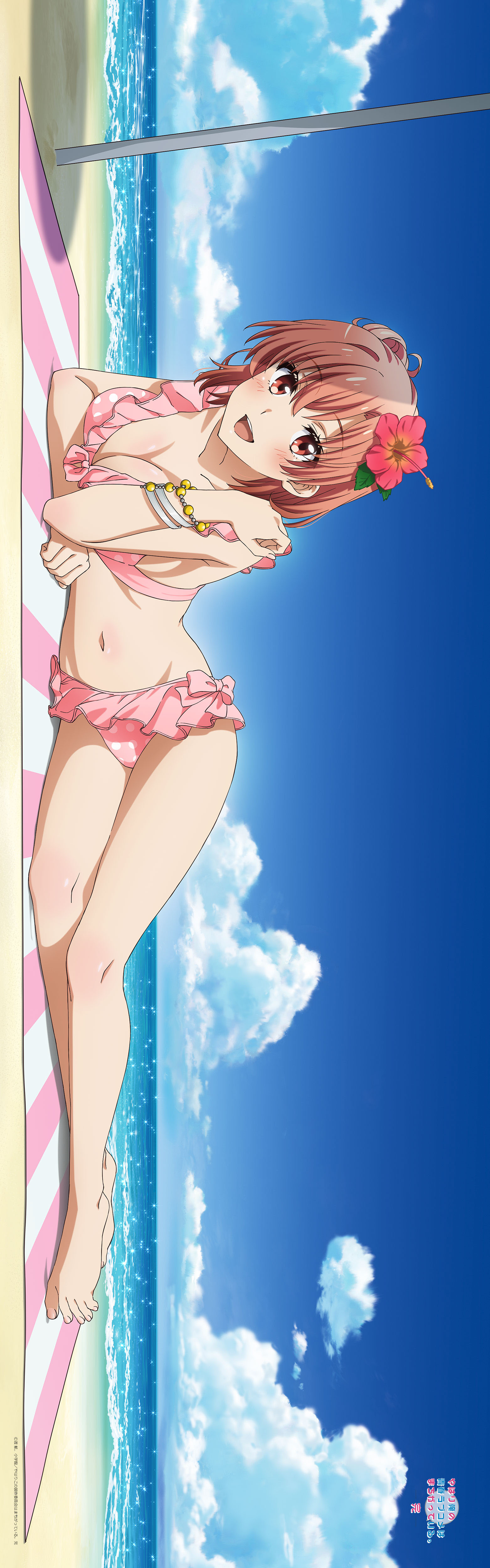 yuigahama yui, yahari ore no seishun lovecome wa machigatteiru., absurdres, highres, official art, 1girl, :d, bare arms, bare legs, beach, beach towel, beach umbrella, bikini, blue sky, blush, bracelet, breasts, cleavage, cloud, collarbone, dakimakura (medium), day, flower, frilled bikini, frills, full body, hair between eyes, hair bun, hair flower, hair ornament, hibiscus, horizon, jewelry, large breasts, looking at viewer, medium hair, navel, ocean, open mouth, orange hair, outdoors, pink bikini, polka dot, polka dot bikini, red eyes, red flower, sky, smile, solo, swimsuit, thighs, towel, umbrella