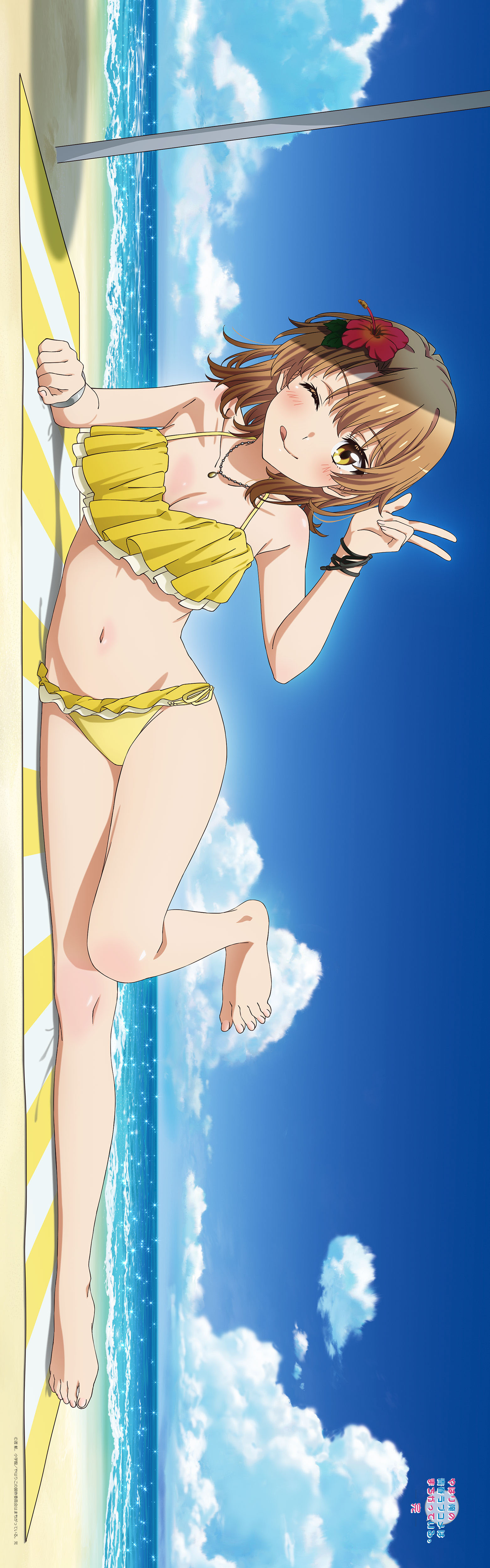 isshiki iroha, yahari ore no seishun lovecome wa machigatteiru., absurdres, highres, official art, 1girl, ;p, bare arms, bare legs, barefoot, beach, beach towel, beach umbrella, bikini, blue sky, blush, brace, breasts, brown hair, cleavage, closed mouth, cloud, collarbone, dakimakura (medium), day, feet, flower, full body, hair flower, hair ornament, hibiscus, horizon, looking at viewer, medium breasts, navel, ocean, one eye closed, outdoors, red flower, short hair, sky, smile, solo, swimsuit, toes, tongue, tongue out, towel, umbrella, yellow bikini