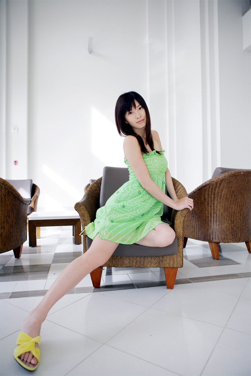 nagasawa nao, highres, photo (medium), 1girl, asian, dress, indoors, looking at viewer, sandals, strapless