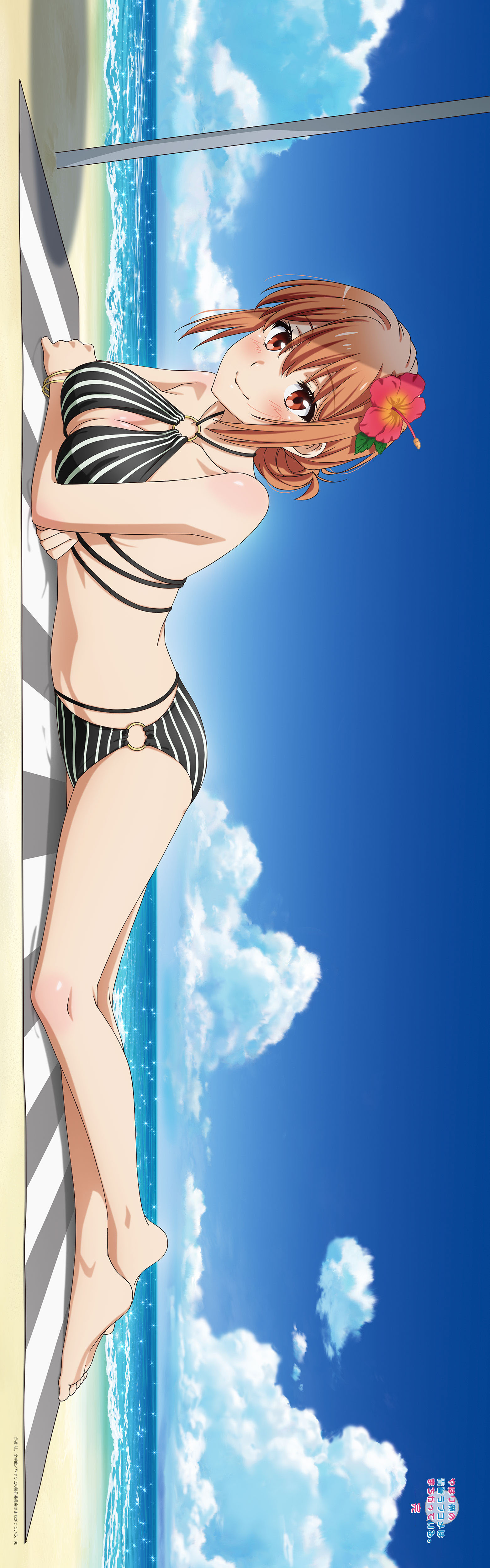 yuigahama yui's mother, yahari ore no seishun lovecome wa machigatteiru., absurdres, highres, official art, 1girl, arm under breasts, ass, bare arms, bare legs, barefoot, beach, beach towel, beach umbrella, bikini, black bikini, blue sky, blush, breast press, breasts, cleavage, closed mouth, cloud, dakimakura (medium), day, flower, full body, hair flower, hair ornament, hibiscus, horizon, looking at viewer, lying, mature female, o-ring, o-ring bikini, ocean, on stomach, orange hair, outdoors, red eyes, red flower, sidelocks, sky, smile, solo, striped bikini, striped clothes, swimsuit, towel, umbrella, vertical-striped bikini, vertical-striped clothes