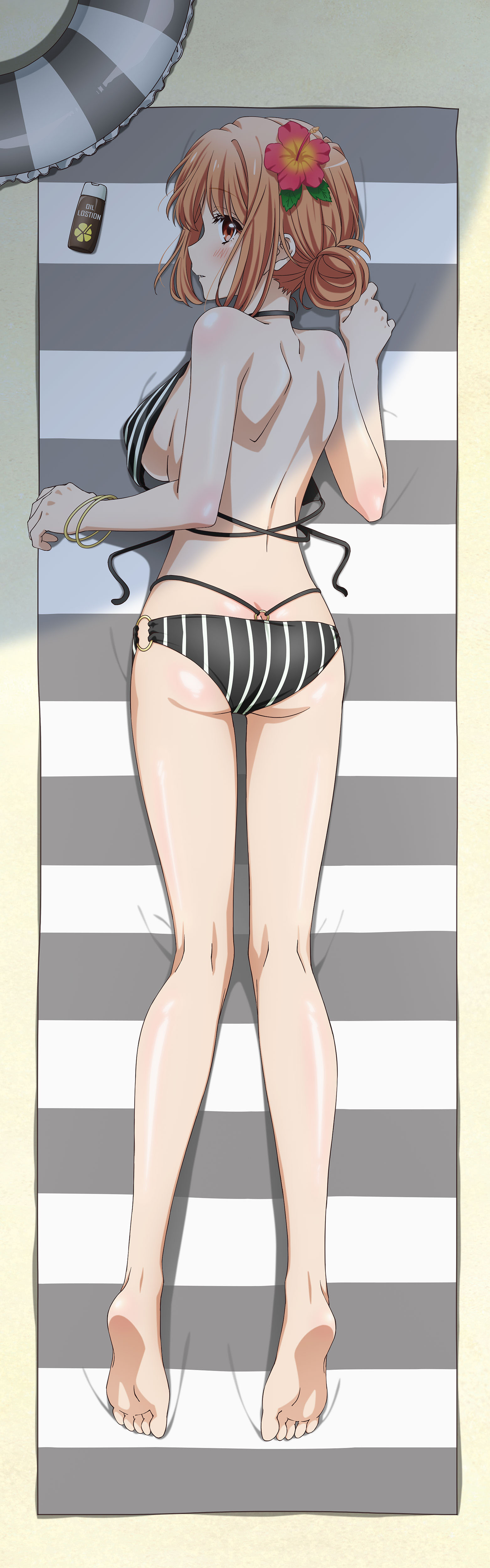 yuigahama yui's mother, yahari ore no seishun lovecome wa machigatteiru., absurdres, highres, official art, 1girl, ass, back, bare legs, barefoot, beach, beach towel, bikini, black bikini, breasts, cleavage, closed mouth, dakimakura (medium), day, feet, flower, from above, full body, hair flower, hair ornament, hibiscus, innertube, large breasts, looking at viewer, lying, on stomach, orange hair, outdoors, red eyes, red flower, sideboob, solo, striped bikini, striped clothes, swim ring, swimsuit, toes, towel, vertical-striped bikini, vertical-striped clothes