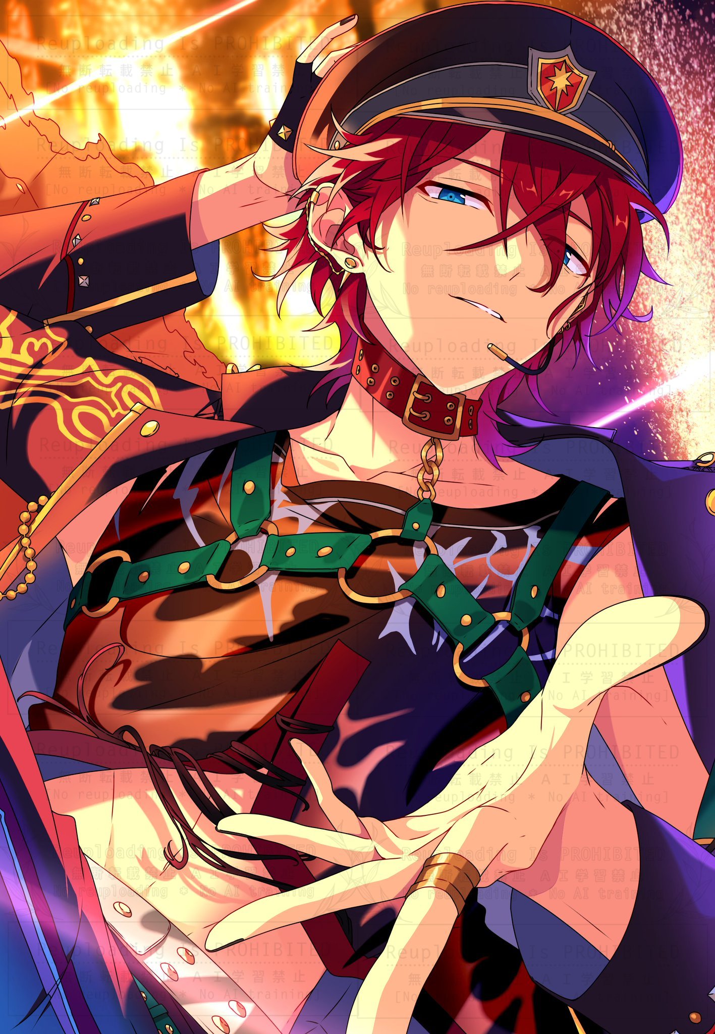raiseafuture, amagi rinne, ensemble stars!, highres, 1boy, belt collar, black nails, chest harness, choker, collar, crop top, fingerless gloves, foreshortening, from below, gloves, hair between eyes, hand on own head, harness, hat, jacket, jewelry, male focus, open clothes, open jacket, outstretched hand, parted lips, peaked cap, red choker, red eyes, ring, single fingerless glove, solo