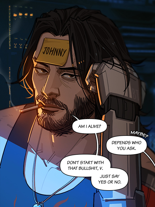 johnny silverhand, cyberpunk (series), cyberpunk 2077, 1boy, beard, boredth, brown hair, character name, cigarette, dog tags, english text, facial hair, looking at viewer, mechanical arms, short hair, single mechanical arm, smoking, solo, speech bubble, sticky note