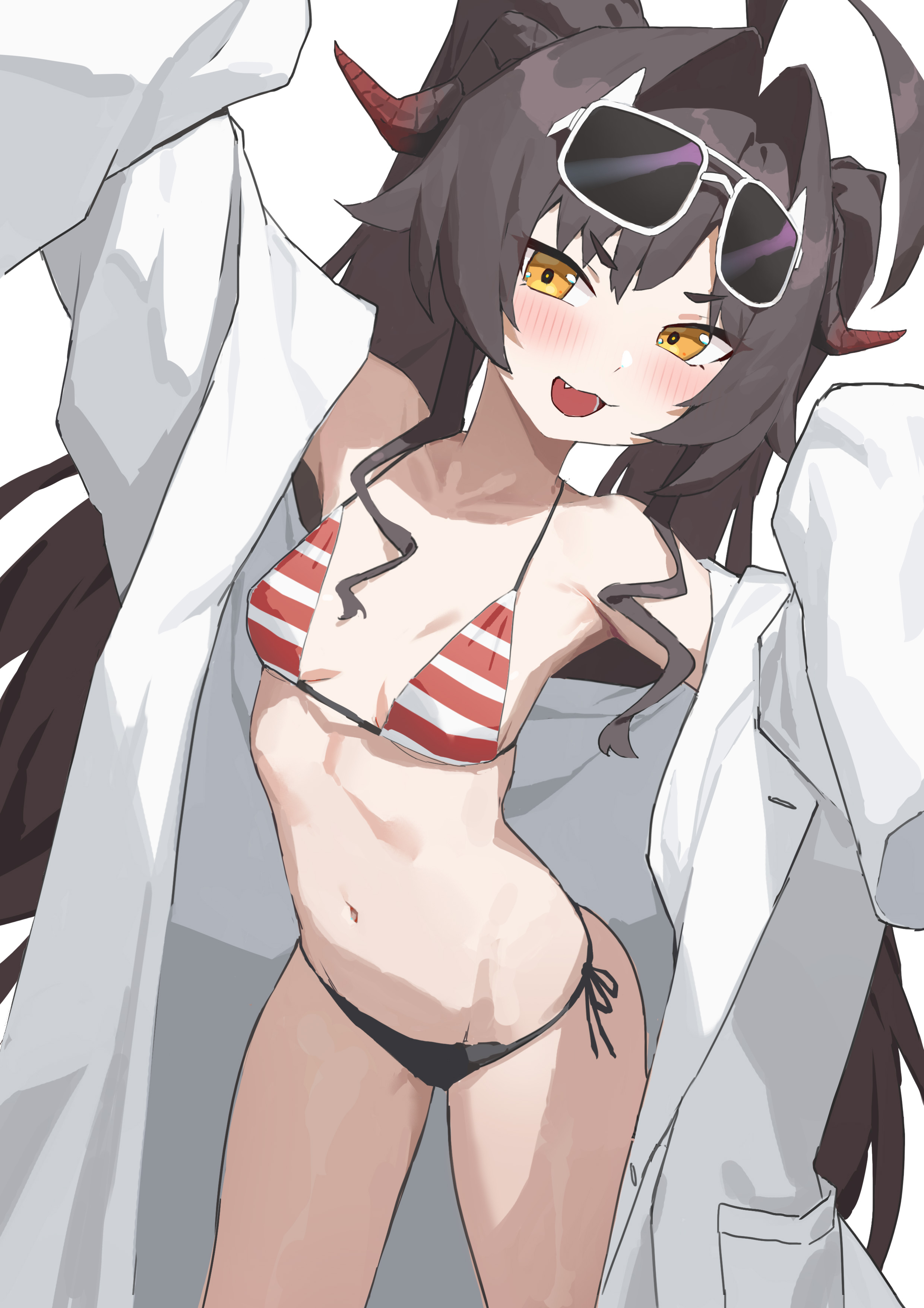 huajitian, kasumi (blue archive), kasumi (swimsuit) (blue archive), blue archive, absurdres, commentary request, highres, 1girl, ahoge, bikini, black hair, blush, breasts, collarbone, eyewear on head, fang, horns, lab coat, long hair, navel, official alternate costume, open mouth, red horns, side-tie bikini bottom, simple background, small breasts, solo, standing, striped bikini, striped clothes, sunglasses, swimsuit, white background, yellow eyes