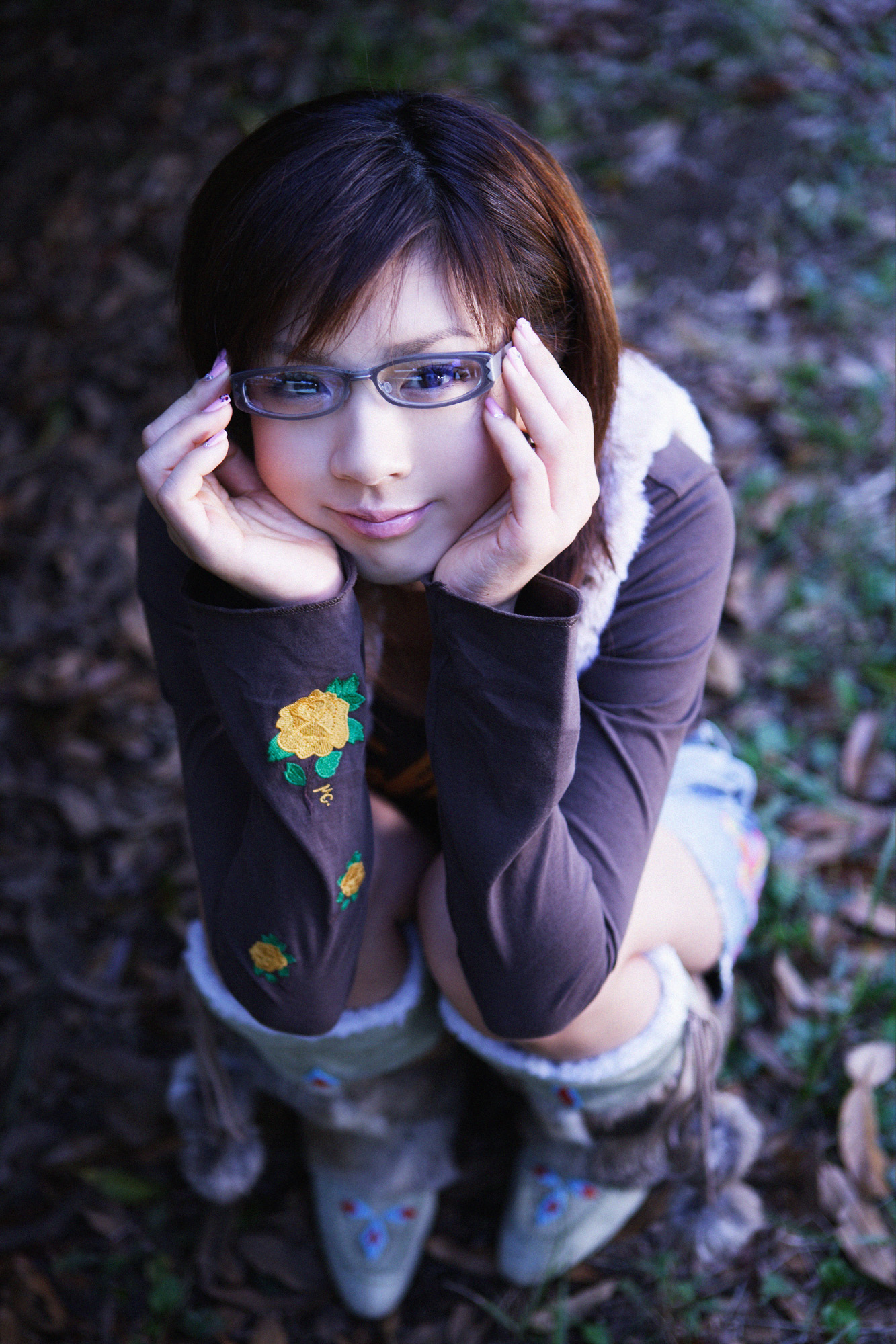 hoshino aki, highres, photo (medium), boots, denim, glasses, long sleeves, miniskirt, shirt, skirt, t-shirt, vest