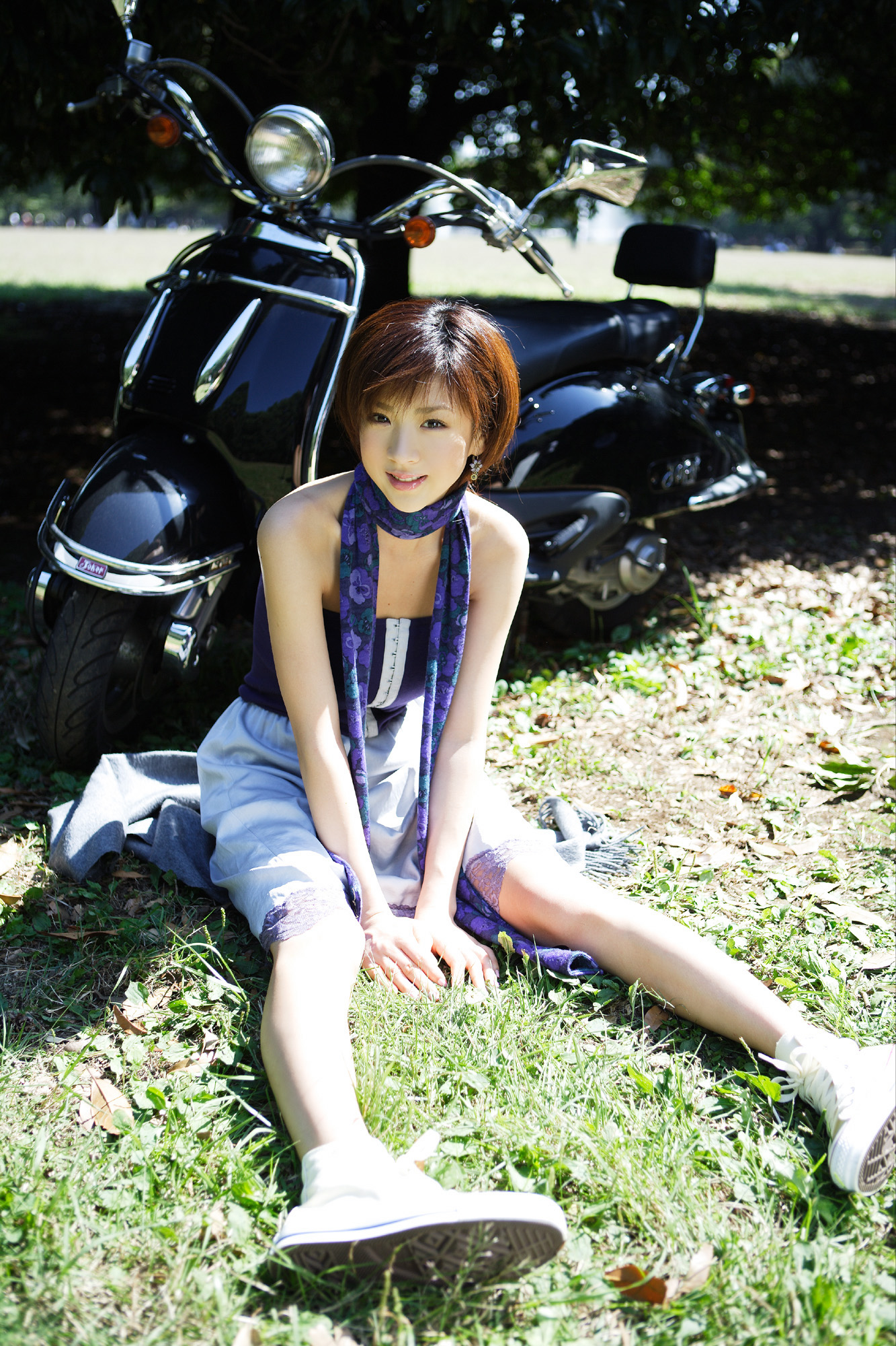 hoshino aki, vehicle, highres, photo (medium), 1girl, asian, dress, female focus, japanese (nationality), motor vehicle, outdoors, scarf, scooter, socks, solo, strapless, strapless dress