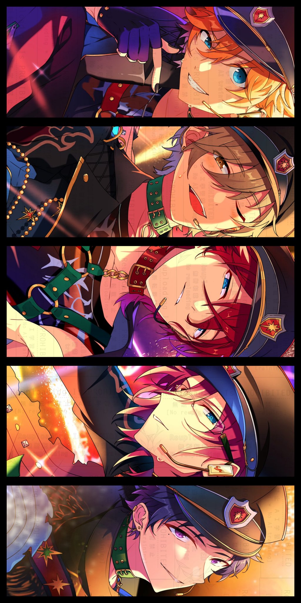 raiseafuture, akehoshi subaru, amagi rinne, fushimi yuzuru, mashiro tomoya, saegusa ibara, ensemble stars!, highres, 5boys, belt collar, black border, black gloves, black hat, black nails, blue eyes, border, brown eyes, brown hair, chest harness, choker, collar, gloves, green choker, hair between eyes, harness, hat, male focus, multiple boys, one eye closed, open mouth, orange hair, parted lips, peaked cap, pink hair, portrait, purple eyes, red choker, red hair, short hair, smile, teeth, upper teeth only