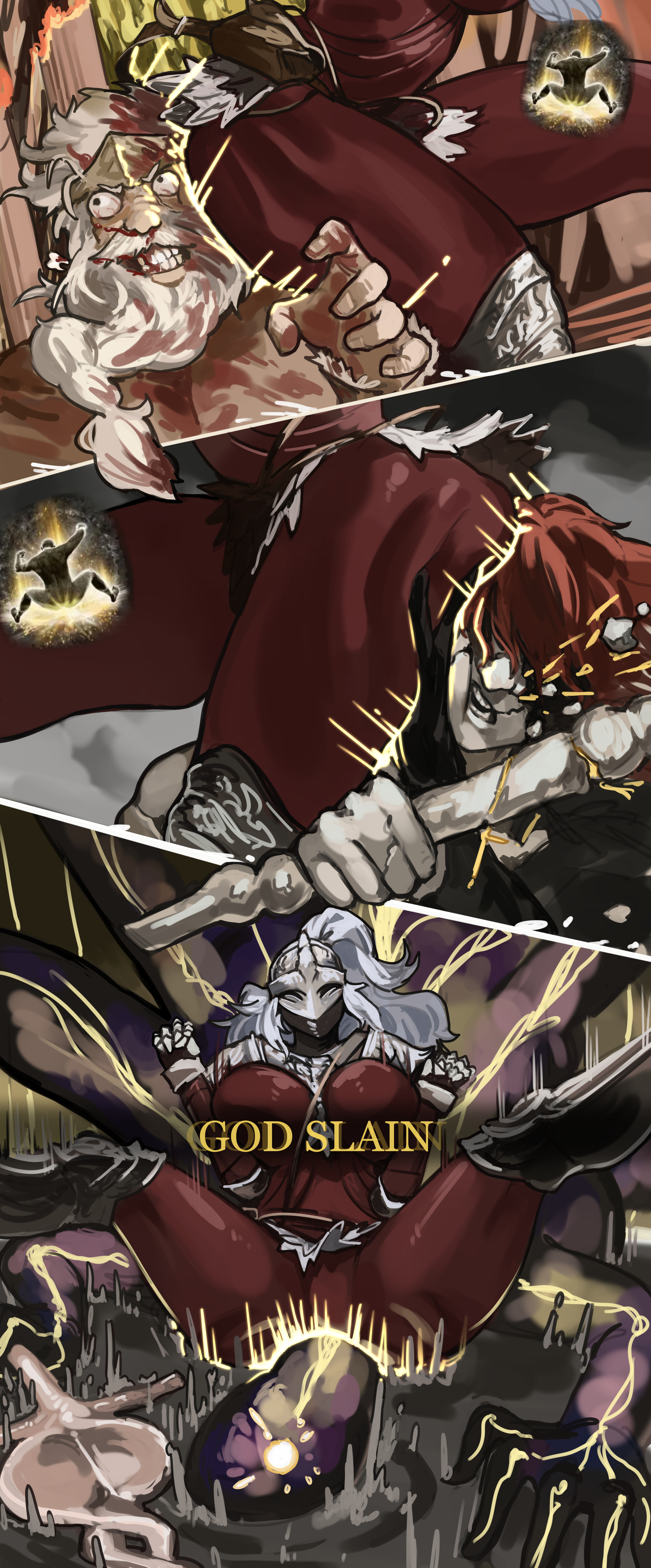 miao jiangyou, bloody wolf (elden ring), elden beast, hoarah loux, radagon of the golden order, tarnished (elden ring), elden ring, absurdres, highres, 1girl, 1other, 2boys, ass, ass ripple, attack, breasts, hammer, holding, holding hammer, holding sword, holding weapon, large breasts, long hair, multiple boys, red hair, sword, weapon, white hair