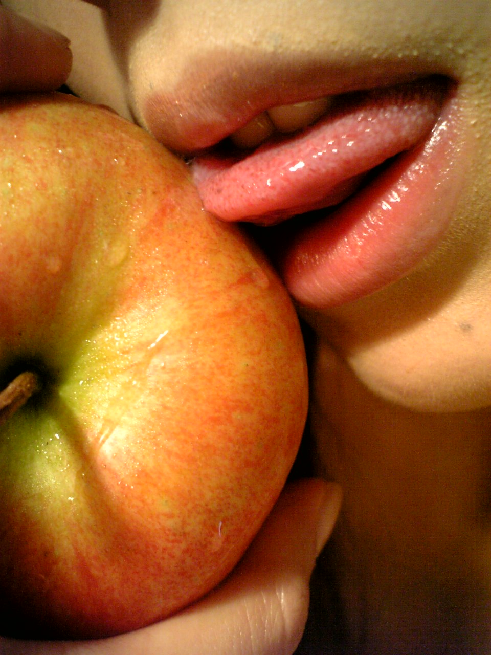 tachibana riko, highres, photo (medium), 1girl, apple, asian, close-up, female focus, food, fruit, lips, open mouth, saliva, solo, tongue