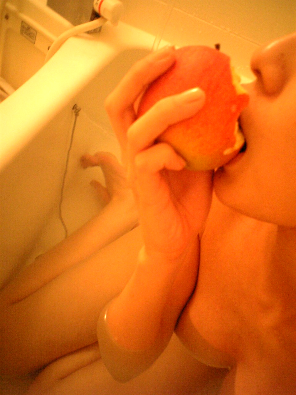 tachibana riko, highres, photo (medium), 1girl, apple, asian, bathroom, bathtub, female focus, food, fruit, indoors, nude, partially submerged, solo