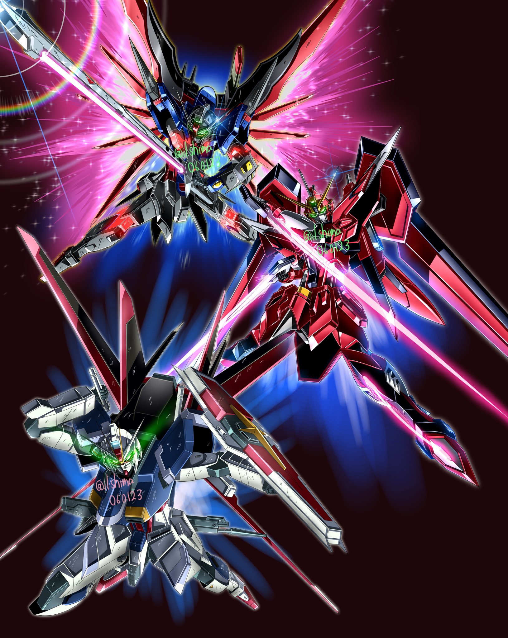 shimashun, destiny gundam spec ii, immortal justice gundam, impulse gundam, gundam, gundam seed, gundam seed destiny, gundam seed freedom, highres, dual wielding, energy sword, energy wings, glowing, glowing eyes, green eyes, gun, holding, holding beam saber, holding sword, holding weapon, light particles, looking at viewer, mecha, mecha focus, mechanical wings, mobile suit, no humans, robot, science fiction, shield, space, sword, v-fin, weapon, wings