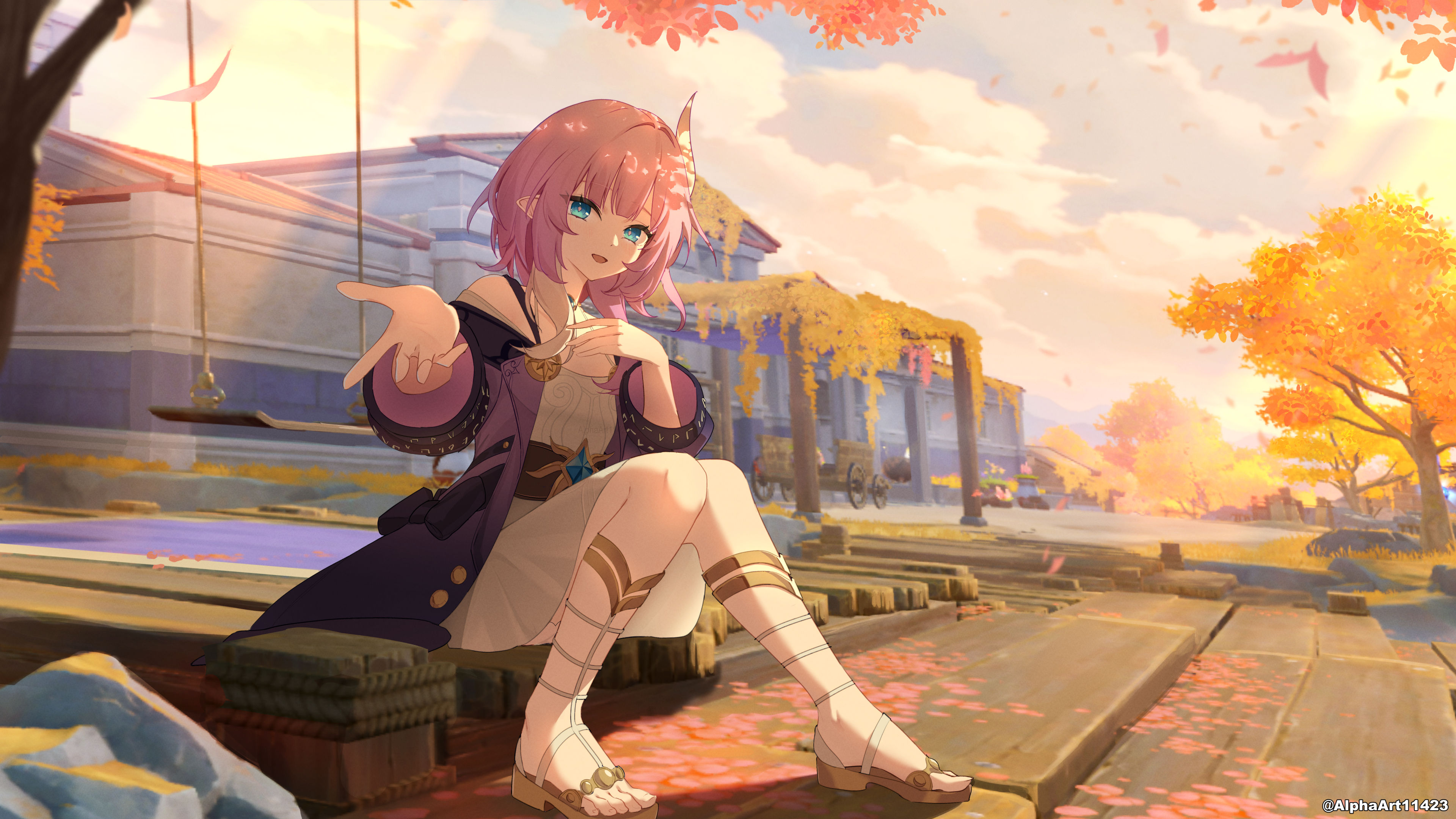 alphaart, cyrene (honkai: star rail), honkai: star rail, honkai (series), absurdres, commentary, highres, paid reward available, 1girl, bare shoulders, blue eyes, coat, dress, hair ornament, long sleeves, looking at viewer, medium hair, offering hand, open mouth, outdoors, pink hair, pink pupils, pointy ears, purple coat, sandals, sidelocks, sitting, smile, solo, toes, twitter username, white dress