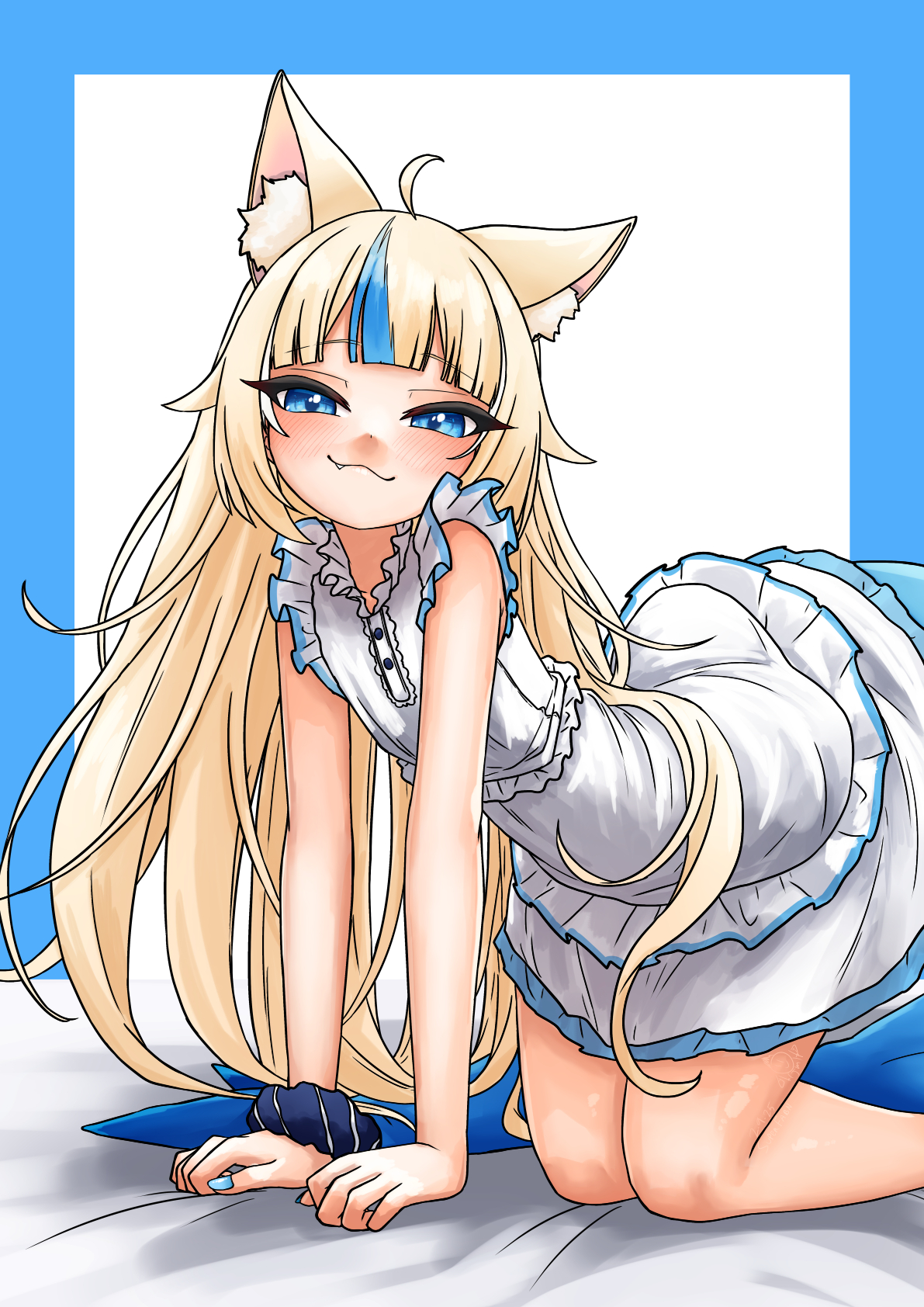 superfann, sameko saba, indie virtual youtuber, highres, 1girl, :3, ahoge, animal ear fluff, animal ears, blonde hair, blue hair, blue nails, cat ears, closed mouth, dress, fins, fish girl, fish tail, flower, frilled dress, frills, hair flower, hair ornament, long hair, looking at viewer, multicolored hair, nail polish, smile, solo, streaked hair, tail, very long hair, white dress