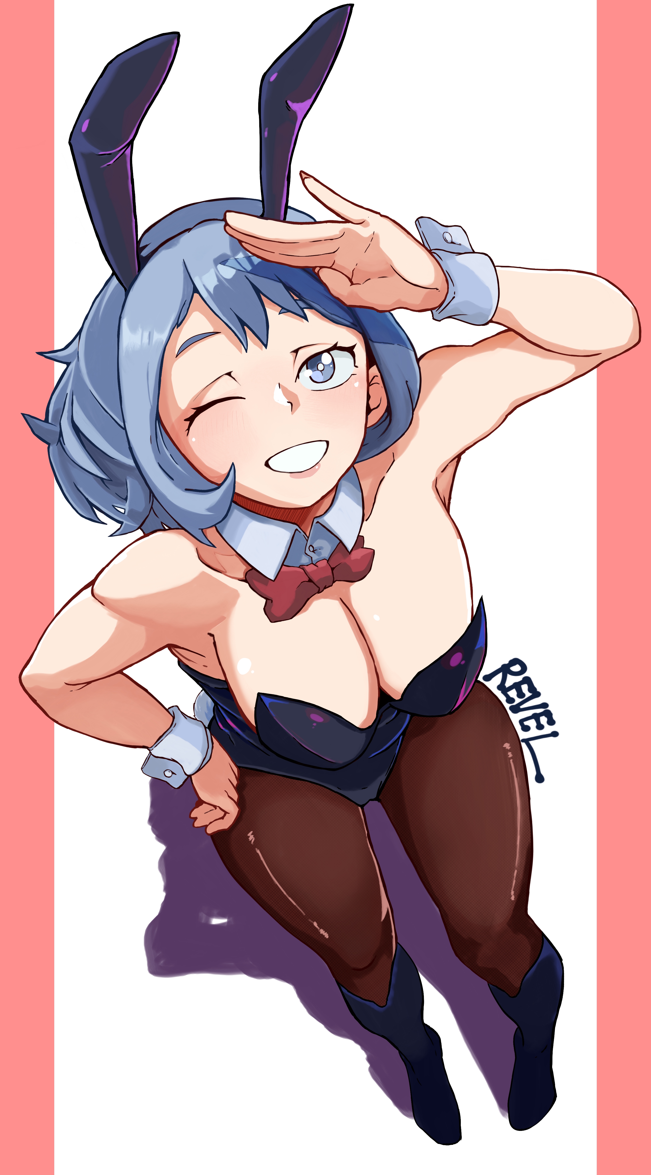 revelart, hado nejire, boku no hero academia, nejire, absurdres, highres, 1girl, animal ears, bow, bowtie, breasts, cleavage, leotard, playboy bunny, rabbit ears, thighhighs
