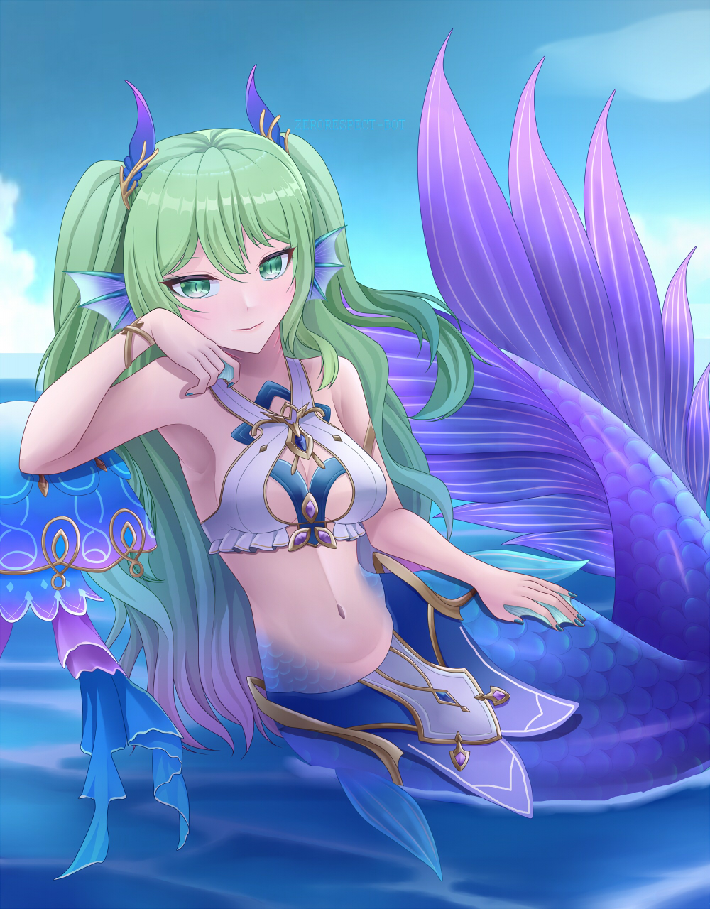 zephylyne, mobius (daughter of corals) (honkai impact), mobius (honkai impact), honkai (series), honkai impact 3rd, highres, 1girl, armpits, blue nails, blue sky, breasts, cleavage, cleavage cutout, closed mouth, clothing cutout, cloud, cloudy sky, fins, green eyes, green hair, head fins, long hair, looking at viewer, medium breasts, mermaid, monster girl, nail polish, outdoors, sky, slit pupils, smile, solo, very long hair, water, webbed hands