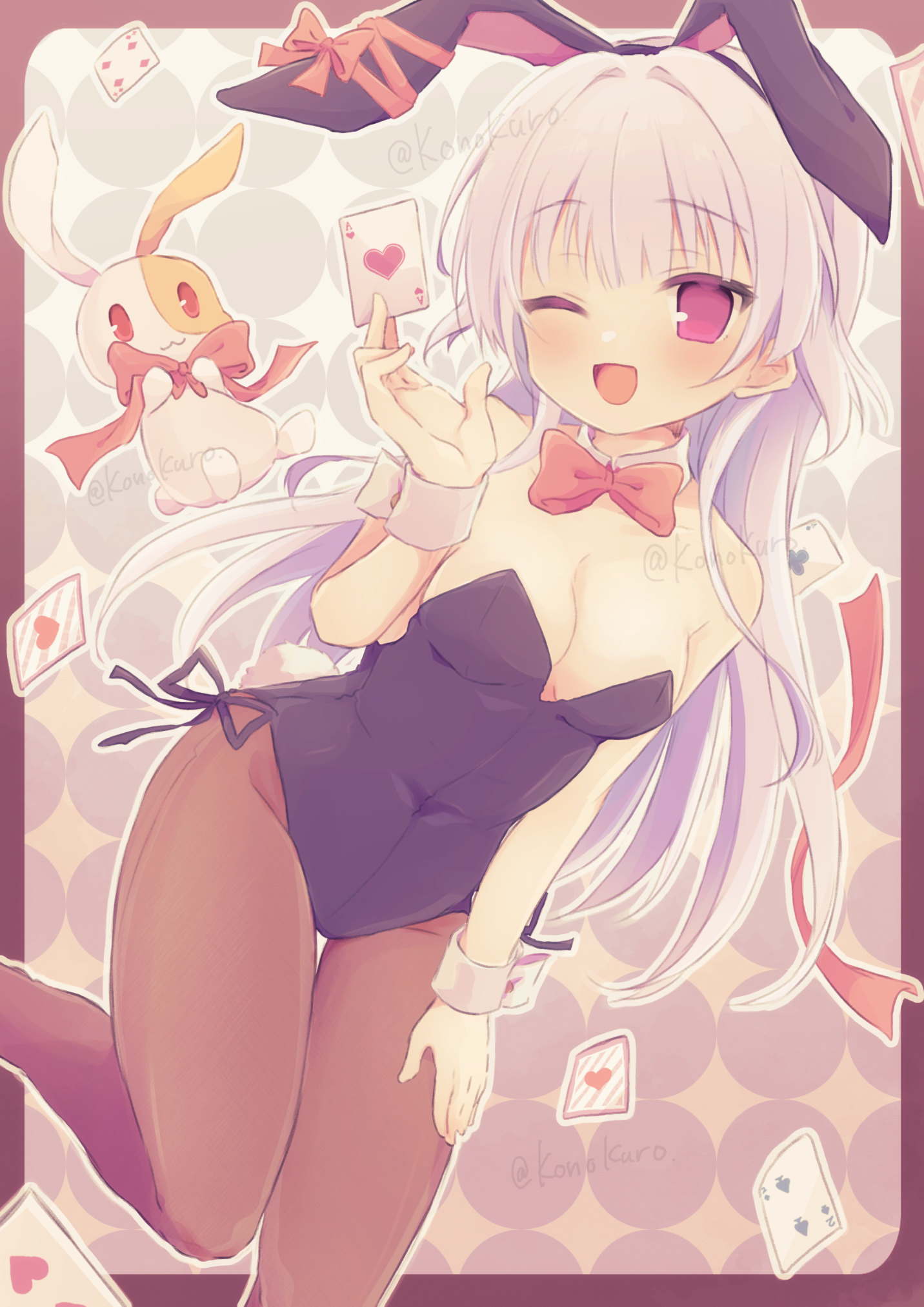 konoquro, tamaki sakura, hatsuyuki sakura, commentary request, commission, highres, skeb commission, 1girl, :3, ;d, alternate costume, animal ear hairband, animal ears, bare shoulders, black hairband, black leotard, blush, bow, bowtie, breasts, brown pantyhose, card, cleavage, closed mouth, covered navel, detached collar, dutch angle, fake animal ears, fake tail, feet out of frame, floating hair, grey background, grey hair, groin, hair intakes, hairband, hand on own thigh, hand up, happy, highleg, highleg leotard, holding, holding card, leaning forward, leotard, long hair, looking at viewer, medium breasts, one eye closed, open mouth, outline, outside border, pantyhose, playboy bunny, rabbit, rabbit ears, rabbit tail, red bow, red bowtie, red eyes, sidelocks, simple background, smile, solo, standing, standing on one leg, straight hair, strapless, strapless leotard, tail, thigh gap, thighs, twitter username, very long hair, white outline, white wrist cuffs, wrist cuffs