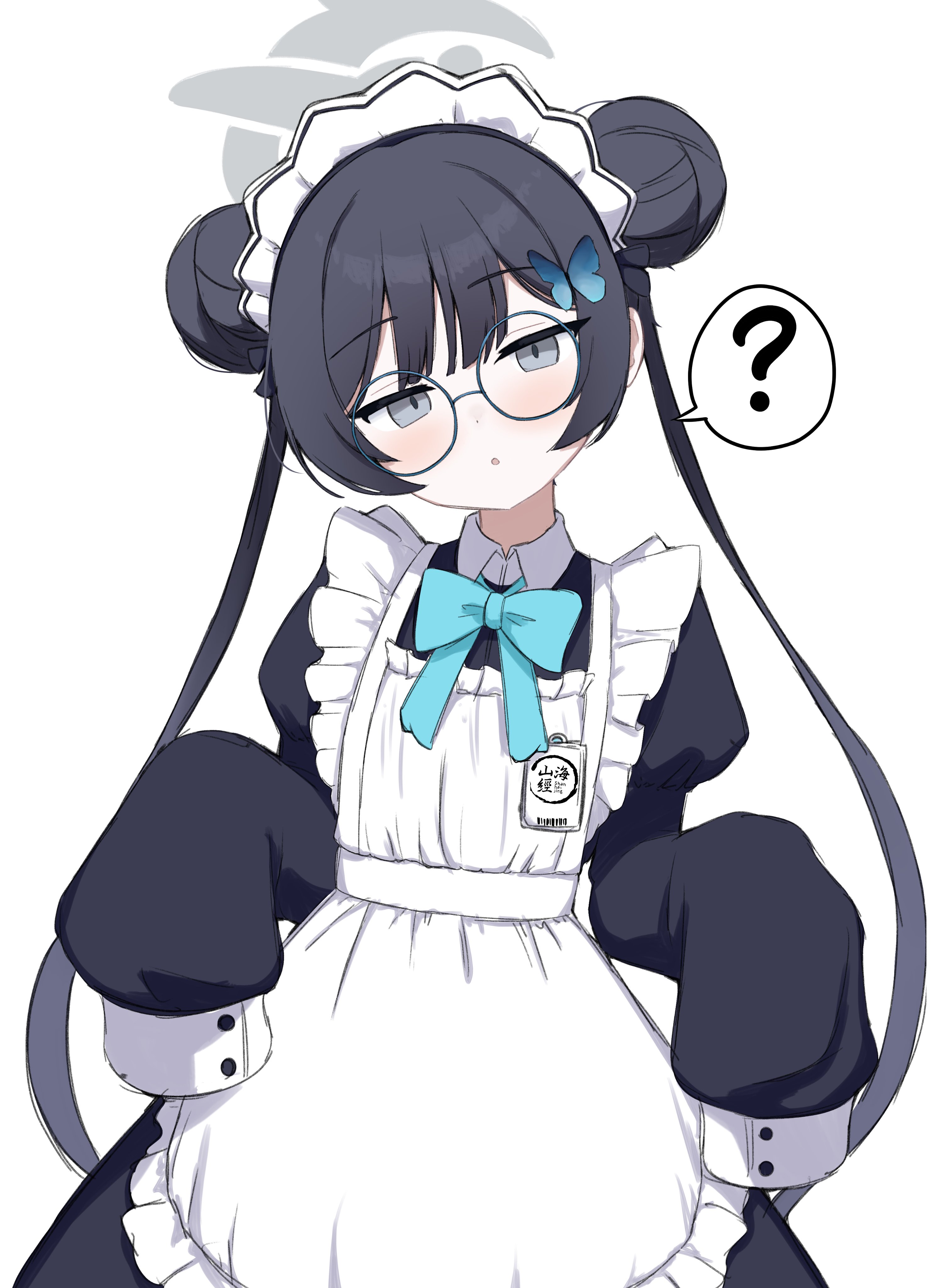 noiriririri, kisaki (blue archive), blue archive, absurdres, hashtag-only commentary, highres, 1girl, ?, alternate costume, apron, black hair, blue bow, blue bowtie, blush, bow, bowtie, butterfly hair ornament, choppy bangs, cowboy shot, dot nose, double-parted bangs, double bun, enmaided, frilled apron, frills, grey halo, hair bun, hair ornament, halo, head tilt, lanyard, long hair, long sleeves, looking at viewer, maid, maid apron, maid headdress, parted lips, puffy long sleeves, puffy sleeves, round eyewear, shanhaijing secondary school logo, sidelocks, simple background, sleeves past fingers, sleeves past wrists, solo, spoken question mark, swept bangs, twintails, very long hair, white background, white sleeve cuffs