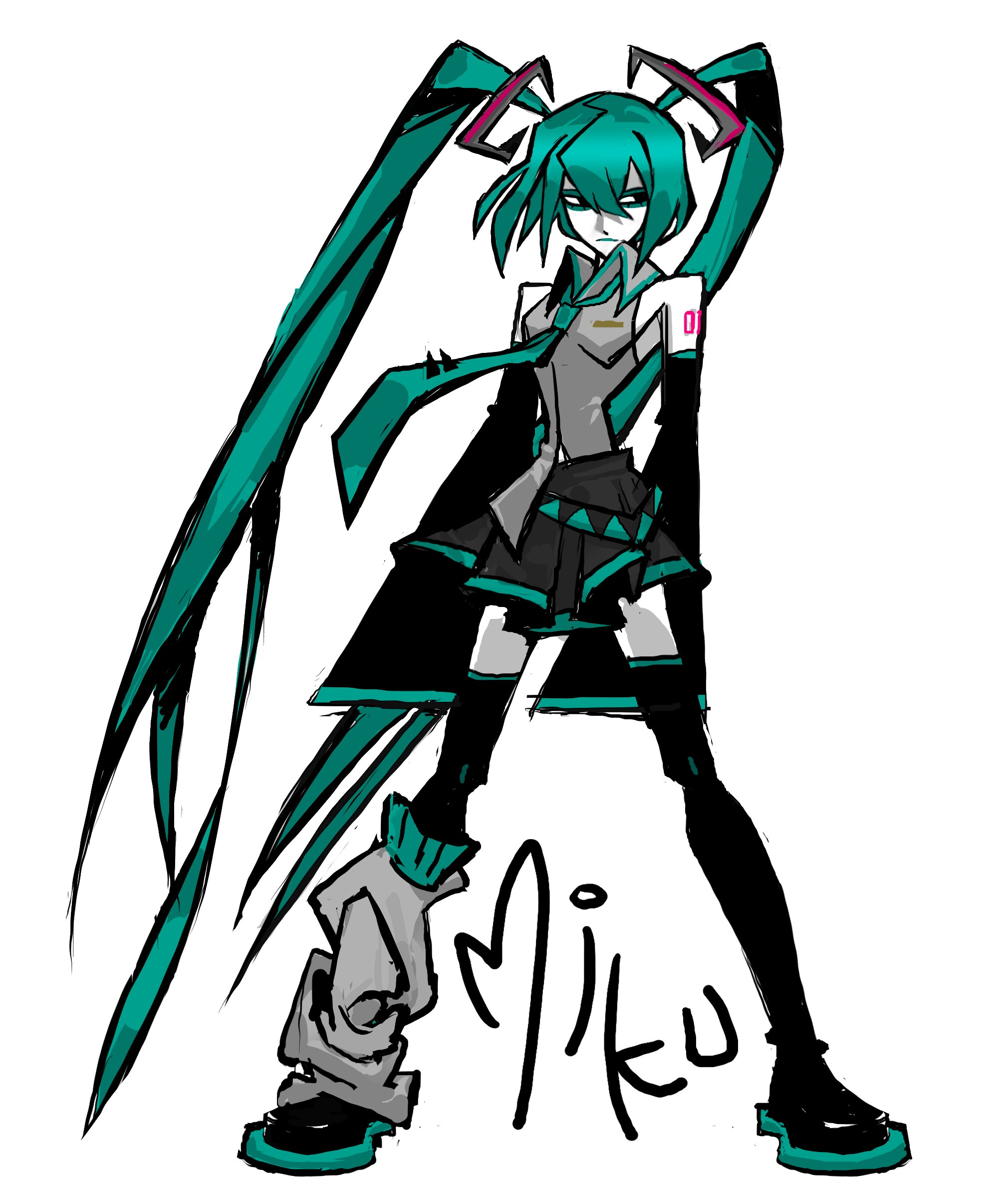 hatsune miku, vocaloid, highres, 1girl, aqua hair, aqua necktie, bare shoulders, black sleeves, boots, breasts, colored skin, detached sleeves, full body, goodcherrydude, grey shirt, hair between eyes, long hair, necktie, number tattoo, shirt, simple background, single leg warmer, skirt, solo, tattoo, thigh boots, twintails, very long hair, white background, white skin