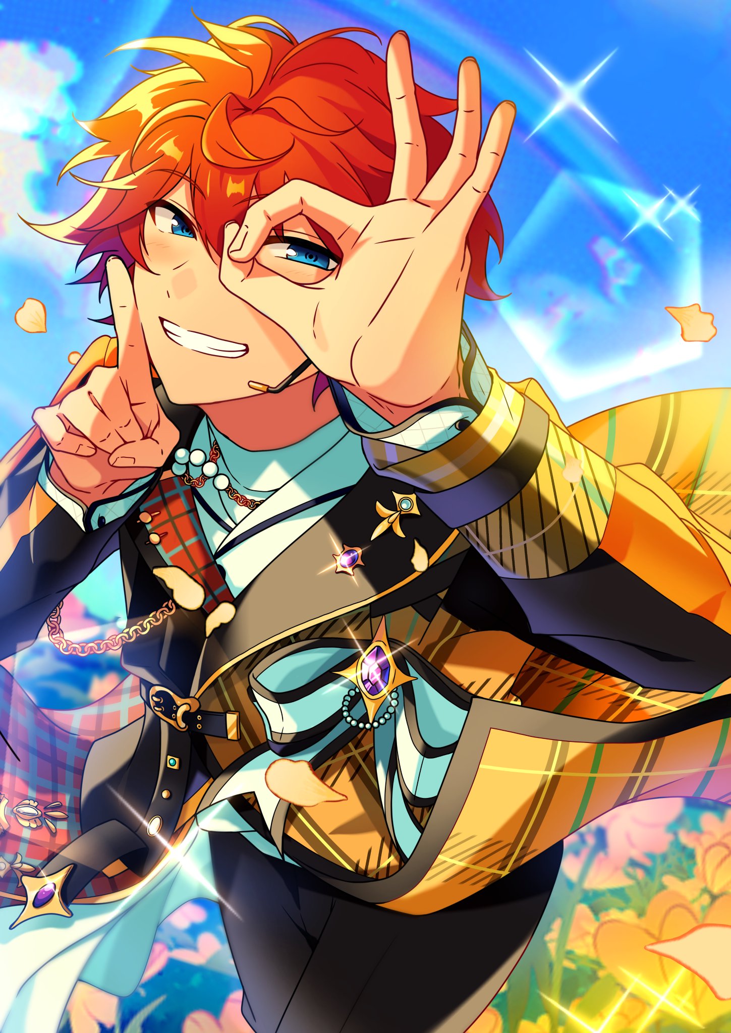 raiseafuture, akehoshi subaru, ensemble stars!, highres, 1boy, blue eyes, blue sky, brooch, cowboy shot, flower, hair between eyes, index finger raised, jacket, jewelry, long sleeves, male focus, microphone, ok sign, orange hair, short hair, sky, smile, solo, yellow flower, yellow petals