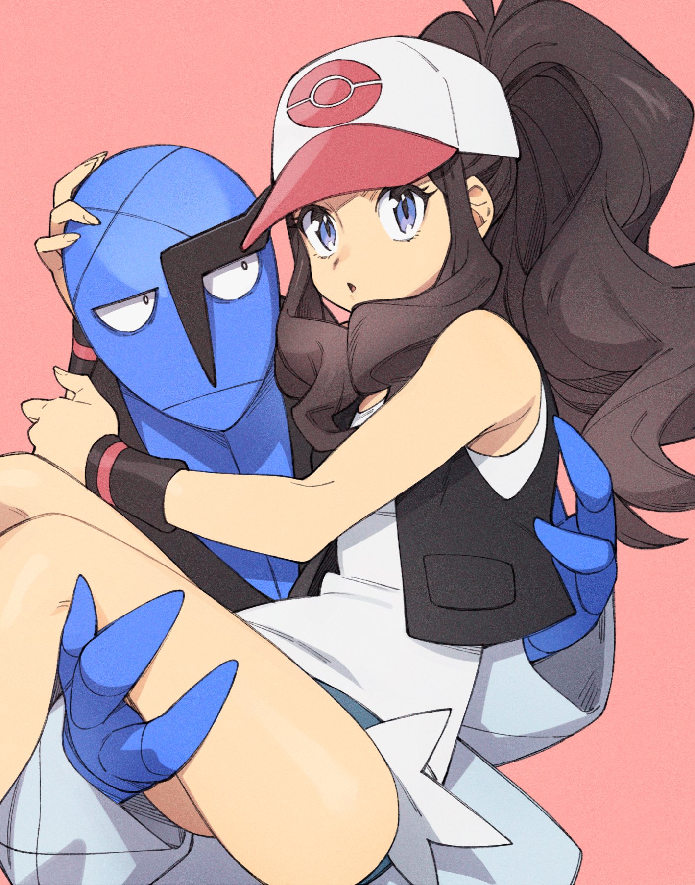 nagiko (mangalove1111), hilda (pokemon), sawk, nintendo, pokemon, pokemon bw, commentary request, highres, 1girl, baseball cap, black vest, brown hair, carrying, carrying person, closed mouth, gen 5 pokemon, hat, parted lips, pink background, pokemon (creature), ponytail, short shorts, shorts, sleeveless, tank top, vest, white tank top, wristband
