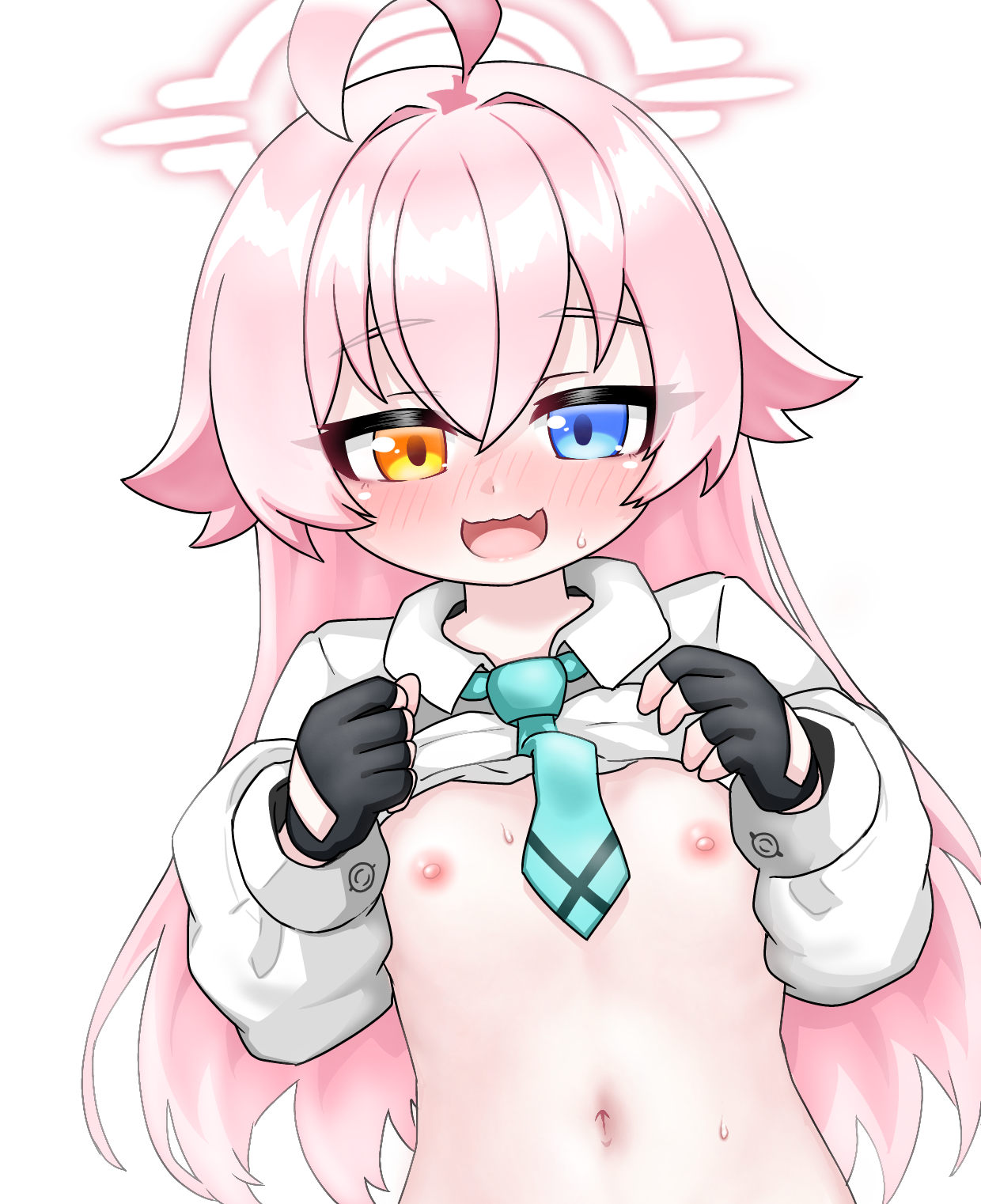 tomimon, hoshino (blue archive), blue archive, highres, 1girl, :d, black gloves, blue eyes, blue necktie, blush, breasts, clothes lift, collared shirt, fingerless gloves, flying sweatdrops, gloves, hair between eyes, halo, hands up, heterochromia, lifting own clothes, long hair, navel, necktie, nose blush, open mouth, orange eyes, pink hair, shirt, shirt lift, simple background, small breasts, small sweatdrop, smile, solo, sweat, upper body, very long hair, white background, white shirt