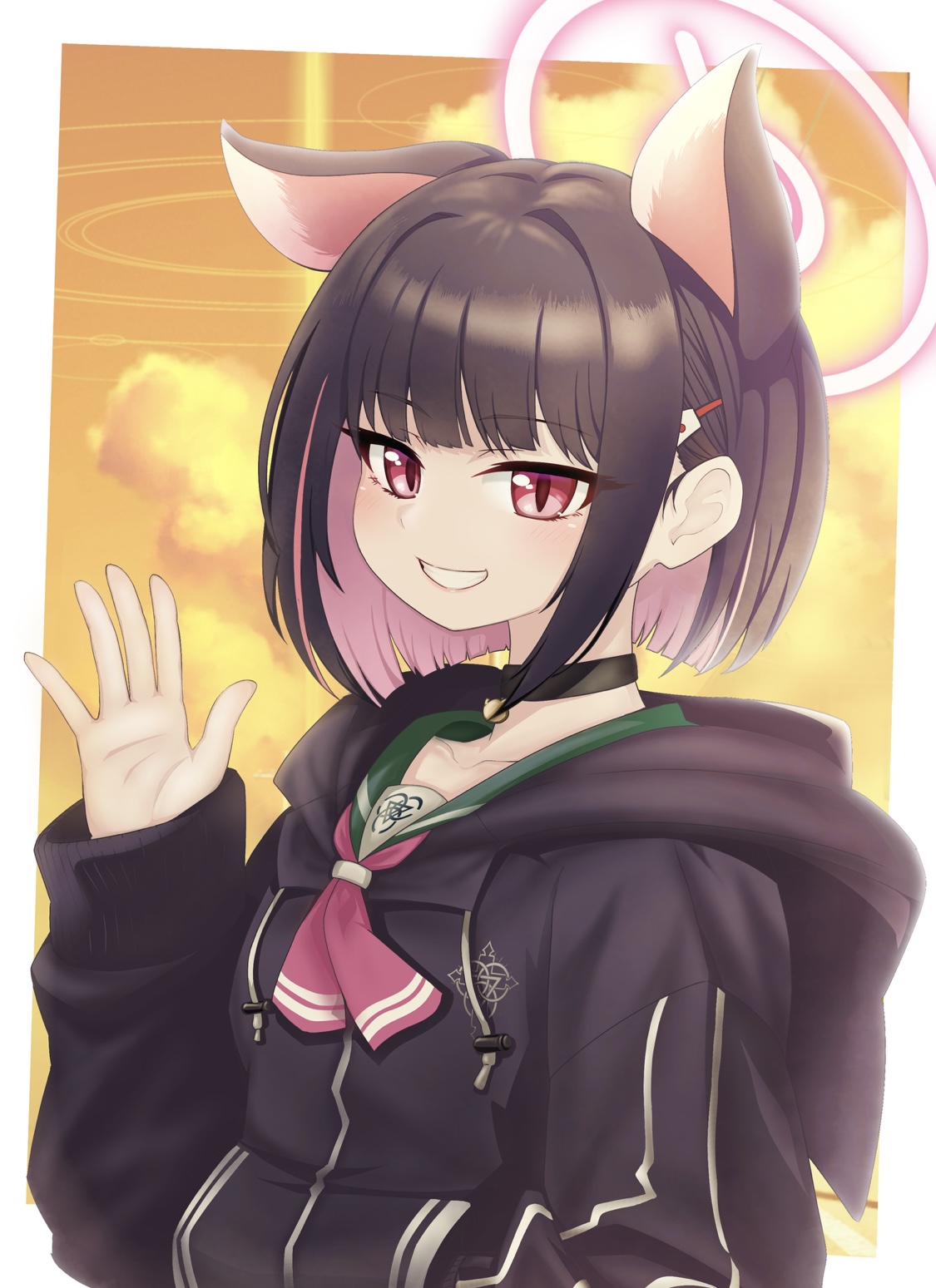 tomimon, kazusa (blue archive), blue archive, commentary request, highres, 1girl, animal ears, black choker, black hair, black jacket, blush, brown sky, cat ears, choker, cloud, cloudy sky, collarbone, green sailor collar, grin, halo, hand in pocket, hand up, hood, hood down, hooded jacket, jacket, long sleeves, multicolored hair, pink hair, puffy long sleeves, puffy sleeves, red eyes, sailor collar, single ear down, sky, sleeves past wrists, smile, solo, sunset, two-tone hair