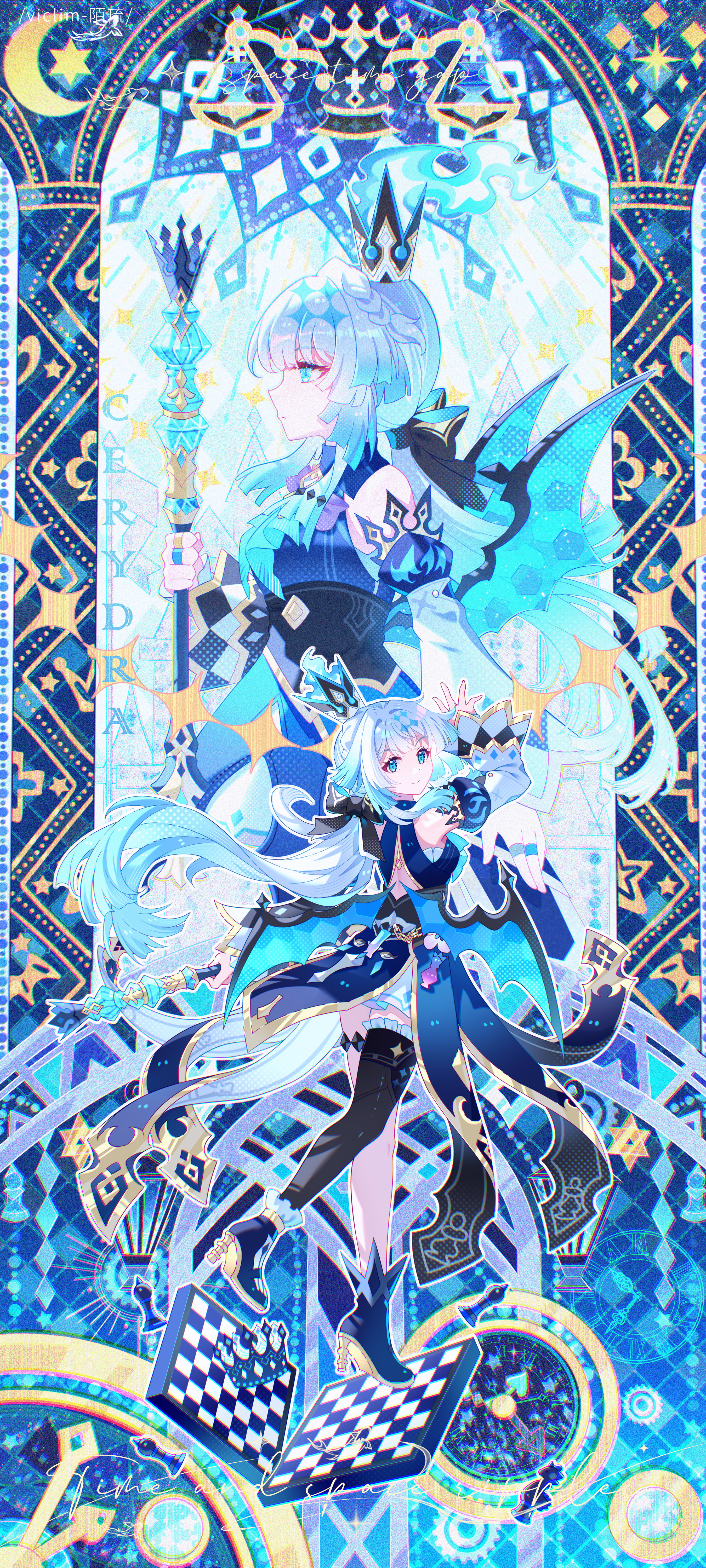 viclim-monou, cerydra (honkai: star rail), honkai: star rail, honkai (series), absurdres, highres, 1girl, asymmetrical footwear, black bow, black thighhighs, blue dress, blue eyes, blue hair, blue shoes, bow, bright pupils, closed mouth, crown, detached sleeves, dress, floating hair, grey hair, hair bow, high heels, holding, long hair, long sleeves, looking at viewer, looking to the side, low ponytail, mismatched footwear, multiple views, ponytail, shoes, smile, thighhighs, very long hair, white pupils