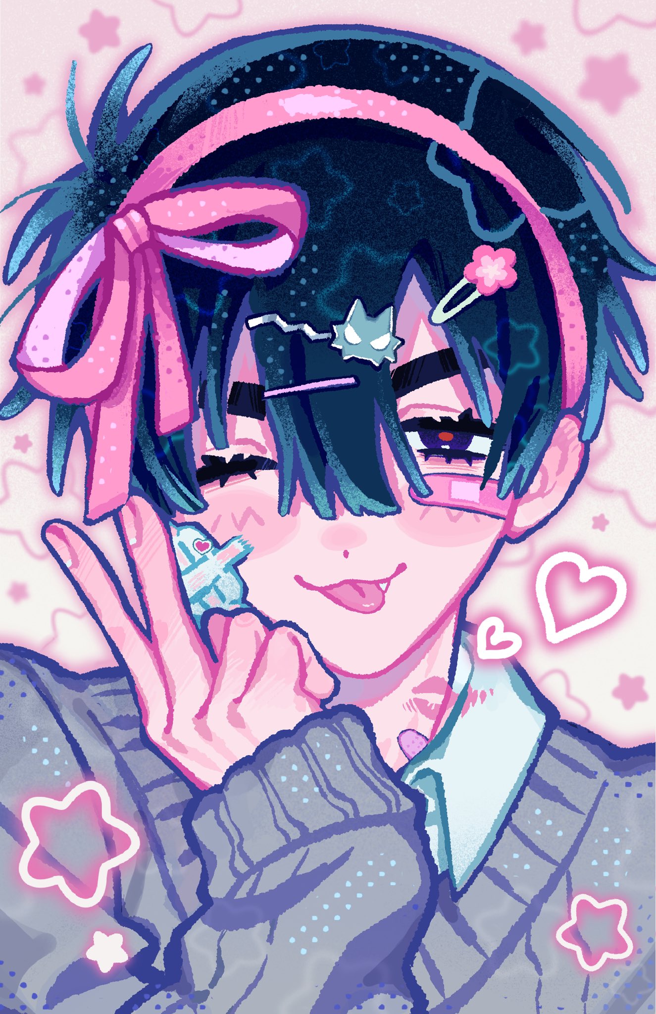 tsujummi, ivan (alien stage), alien stage, commentary, highres, 1boy, bandaid, bandaid on face, black eyes, black hair, collared shirt, fang, gauze, gauze on cheek, grey sweater, hair ribbon, heart, lipstick mark, looking at viewer, male focus, official alternate costume, one eye closed, pink background, pink ribbon, red pupils, ribbon, shirt, short hair, solo, star (symbol), sweater, tongue, tongue out, v, very short hair, white shirt