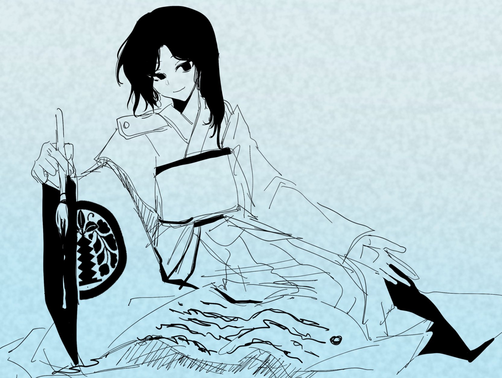 otogisum3, fujiwara no iyozane, len'en, highres, 1other, androgynous, asymmetrical hair, calligraphy brush, closed mouth, crest, film grain, fujiwara no iyozane (past), full body, greyscale, hair over shoulder, hakama, hakama skirt, holding, holding calligraphy brush, holding paintbrush, japanese clothes, kimono, kneeling, long sleeves, looking at viewer, medium hair, monochrome, other focus, paintbrush, parted bangs, scroll, short kimono, sitting, sketch, skirt, smile, solo, white background, wide sleeves, yokozuwari