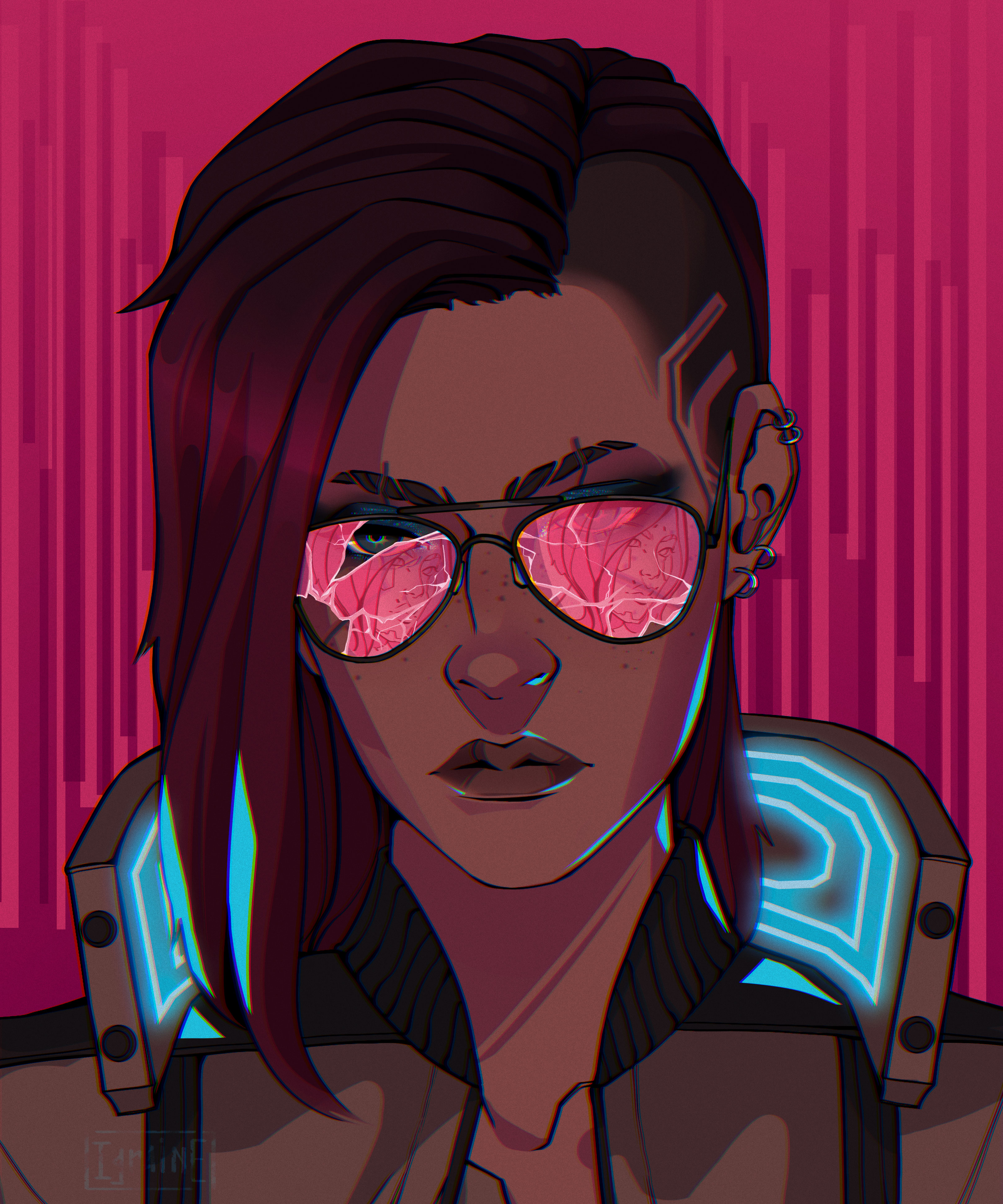v (cyberpunk), valerie (cyberpunk), cyberpunk (series), cyberpunk 2077, absurdres, highres, 1girl, asymmetrical hair, blue eyes, broken eyewear, cyberpunk, earrings, igraine art, jewelry, looking at viewer, pink-tinted eyewear, portrait, red hair, short hair, sidecut, solo, tinted eyewear, undercut