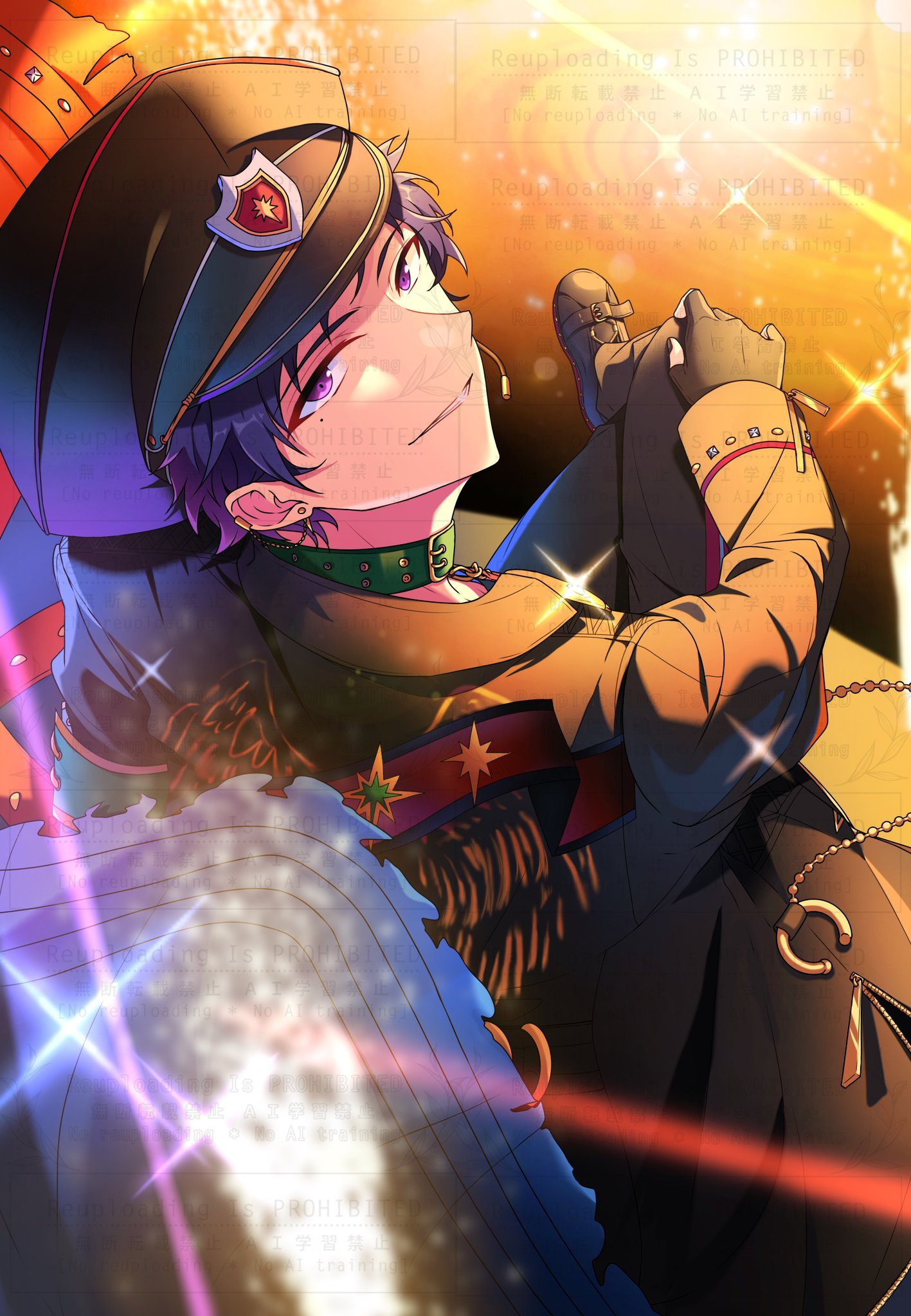 raiseafuture, fushimi yuzuru, ensemble stars!, highres, 1boy, belt collar, black gloves, black jacket, choker, collar, from above, gloves, green choker, hat, jacket, long sleeves, looking at viewer, male focus, mole, mole under eye, parted lips, peaked cap, purple eyes, smile, solo