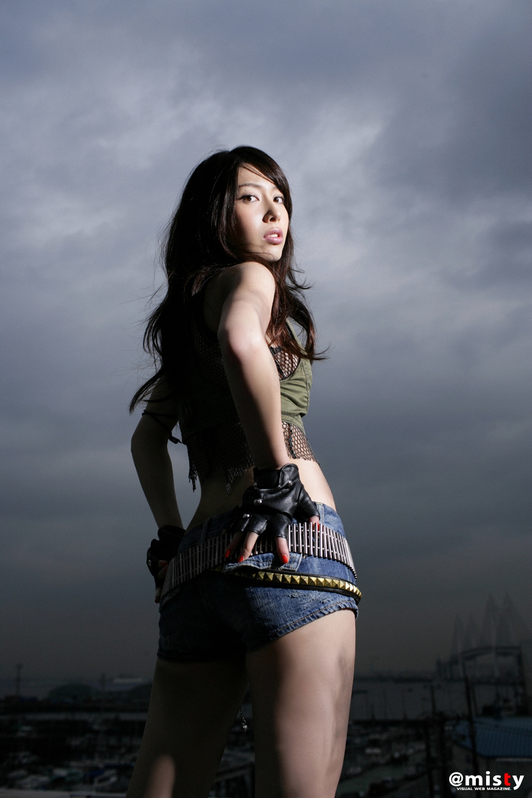 kobayashi emi, highres, photo (medium), ass, belt, bra, denim, fingerless gloves, gloves, lingerie, shorts, tank top, underwear