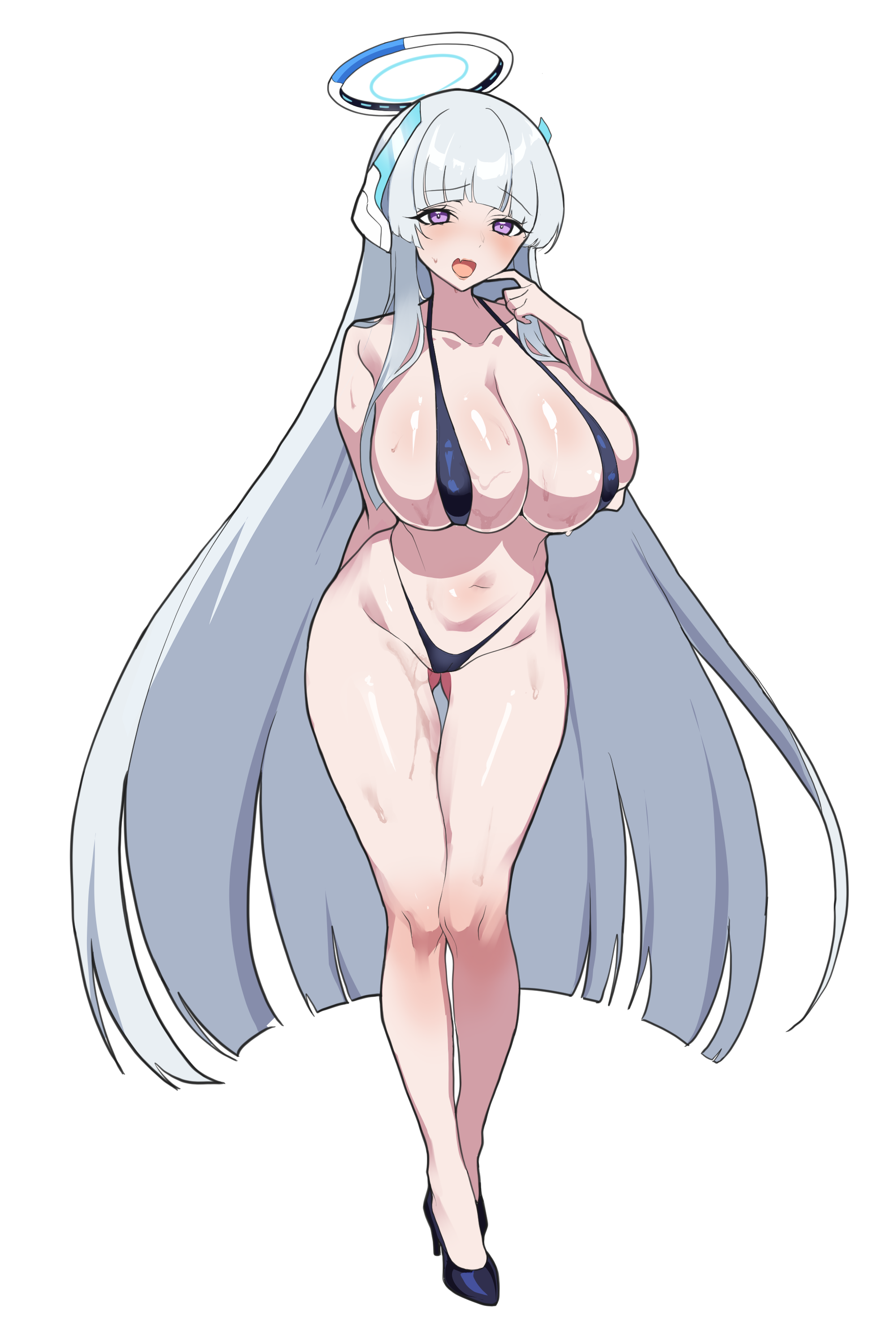 wessidesuyo, noa (blue archive), blue archive, absurdres, highres, 1girl, arm behind back, bikini, black bikini, blue halo, breasts, cleavage, full body, grey hair, halo, huge breasts, long hair, looking at viewer, navel, nipples, open mouth, purple eyes, simple background, skindentation, smile, solo, standing, swimsuit, thigh gap, very long hair, white background, white halo