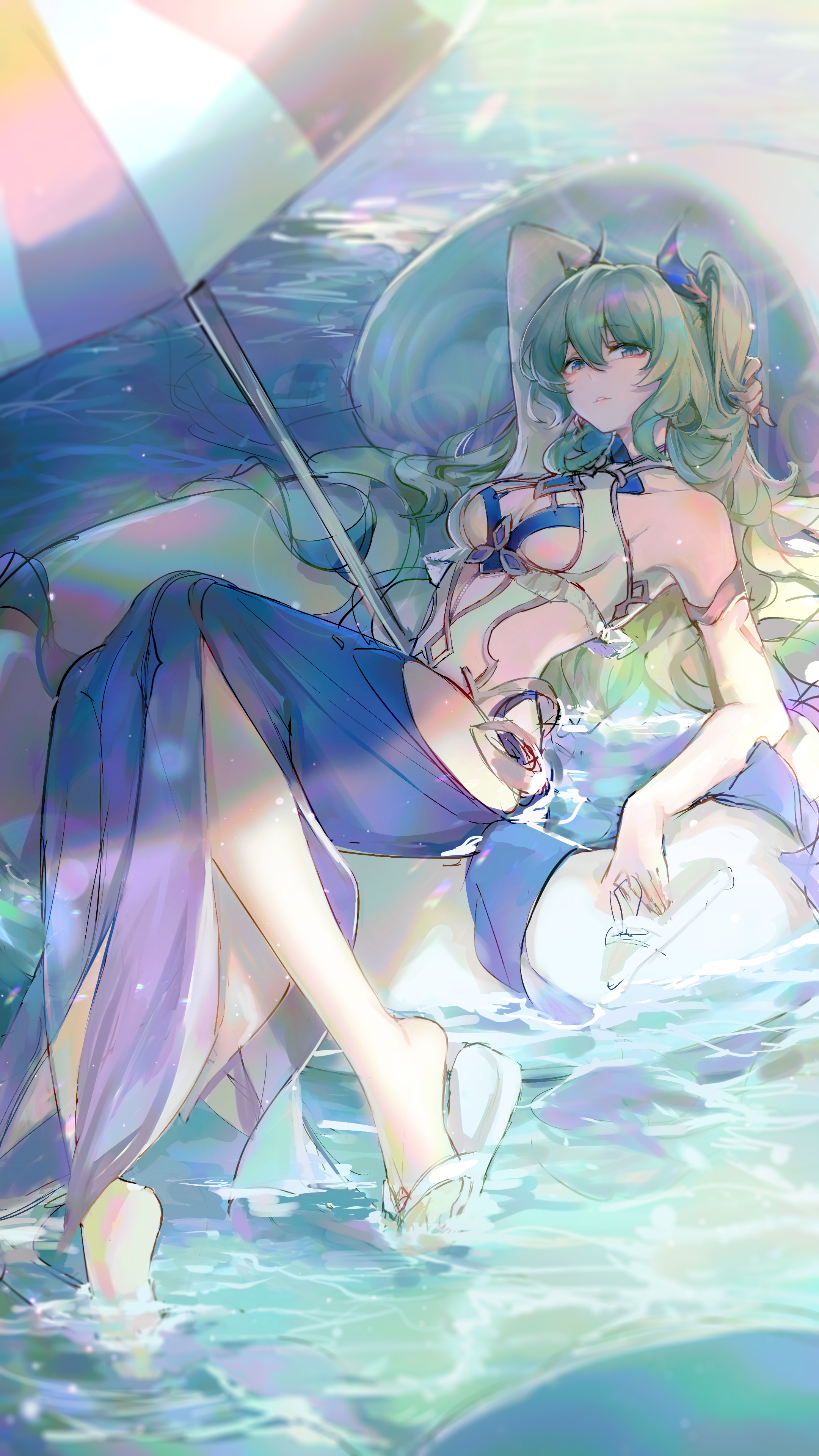 hulai de gou sheng, mobius (daughter of corals) (honkai impact), mobius (honkai impact), honkai (series), honkai impact 3rd, absurdres, highres, 1girl, armpits, beach umbrella, blue nails, breasts, cleavage, cleavage cutout, closed mouth, clothing cutout, flip-flops, full body, green eyes, green hair, long hair, looking at viewer, medium breasts, nail polish, sandals, slit pupils, solo, summer, umbrella, water, wavy hair