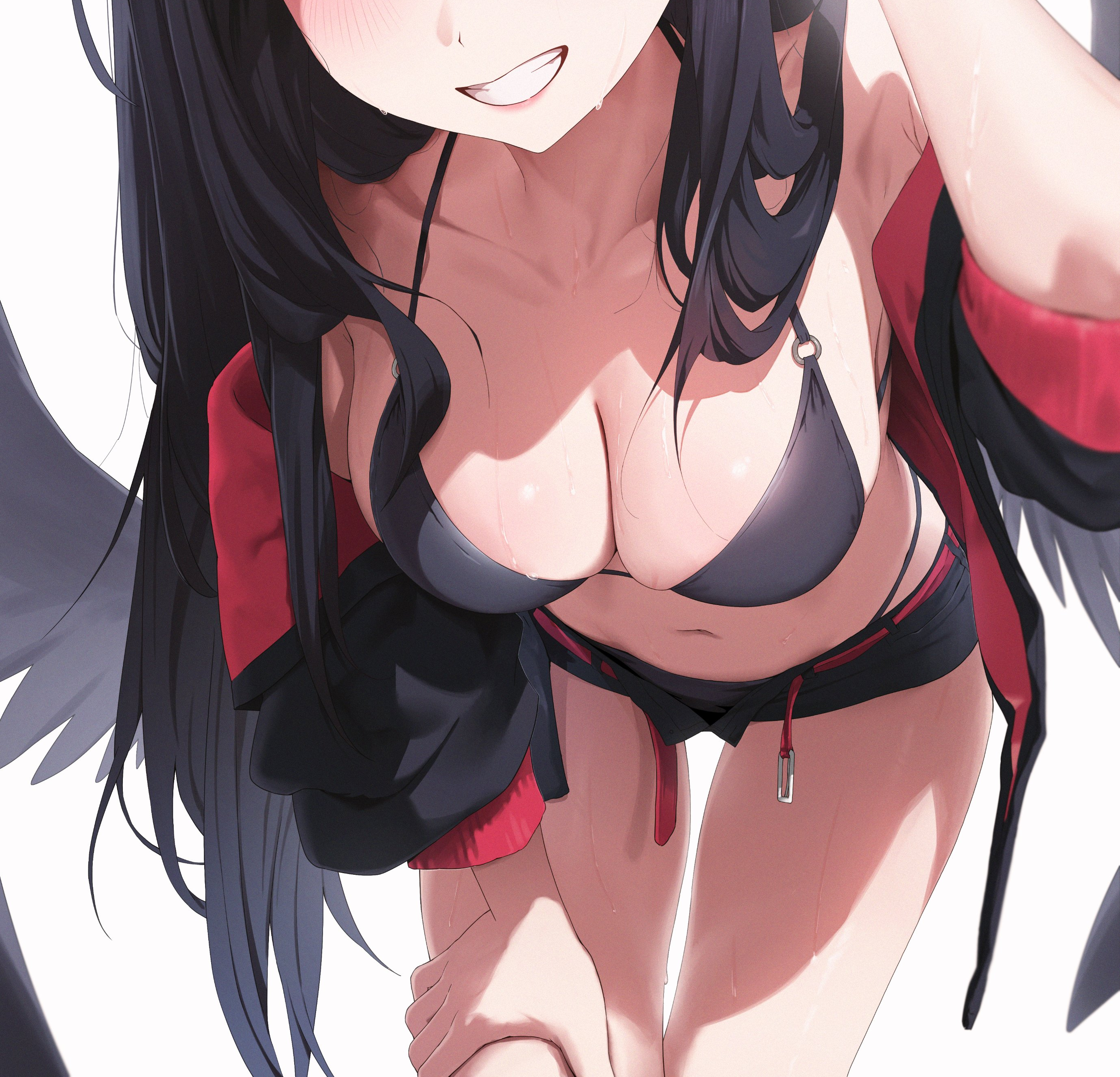 rkin, ichika (blue archive), ichika (swimsuit) (blue archive), blue archive, absurdres, commentary, highres, symbol-only commentary, 1girl, bikini, black bikini, black hair, black jacket, black shorts, black wings, breasts, eyes out of frame, feathered wings, grin, head out of frame, jacket, leaning forward, long hair, low wings, navel, official alternate costume, shorts, simple background, smile, solo, swimsuit, white background, wings