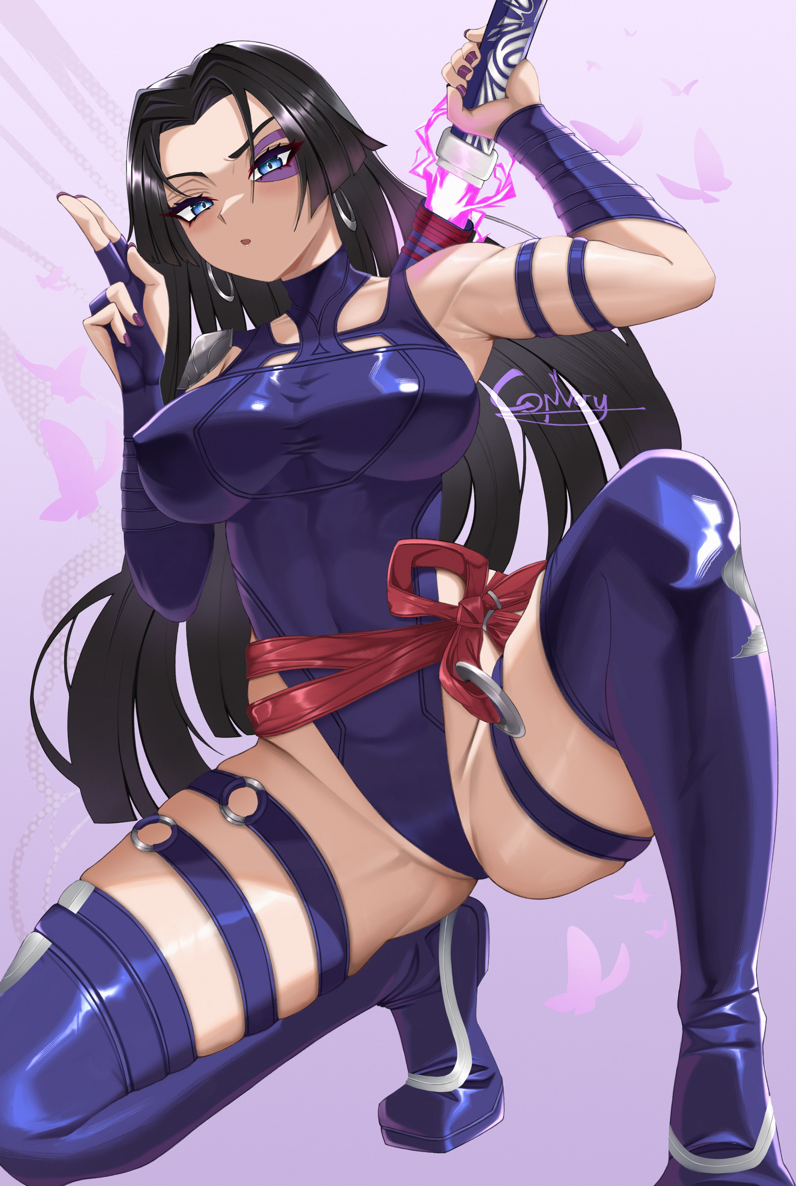 convoy (galactic convoy), psylocke, marvel, marvel rivals, absurdres, highres, 1girl, bare shoulders, black hair, blue eyes, boots, breasts, fingerless gloves, gloves, highleg, highleg leotard, holding, holding sword, holding weapon, katana, large breasts, leotard, long hair, looking at viewer, purple boots, purple gloves, purple leotard, solo, sword, thigh boots, thighs, weapon