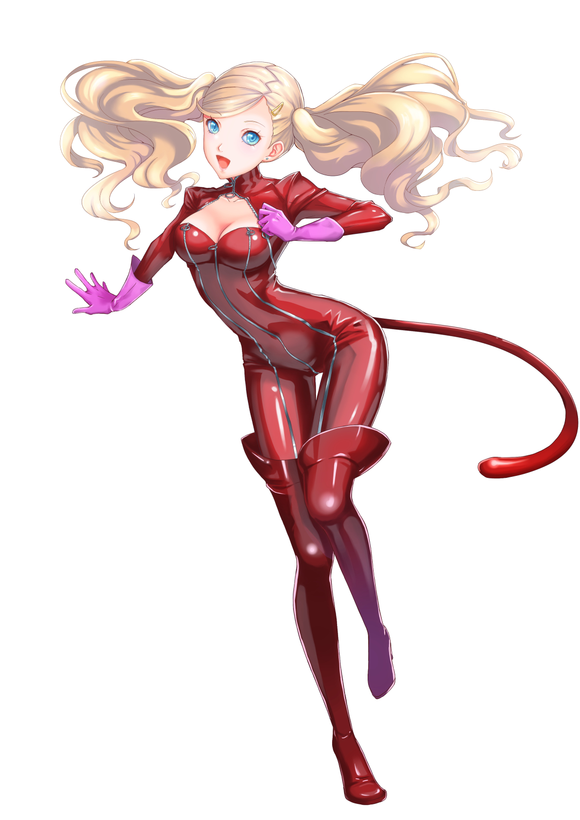 yoruno mahiru, panther (persona 5), takamaki anne, persona, persona 5, commentary request, highres, 1girl, :d, arm up, blonde hair, blue eyes, bodysuit, breasts, cat tail, cleavage, earrings, floating hair, full body, gloves, hair ornament, hairclip, jewelry, long hair, medium breasts, no mask, open hand, open mouth, outstretched arm, purple gloves, red bodysuit, simple background, skin tight, smile, solo, standing, standing on one leg, stud earrings, tail, twintails, very long hair, wavy hair, white background