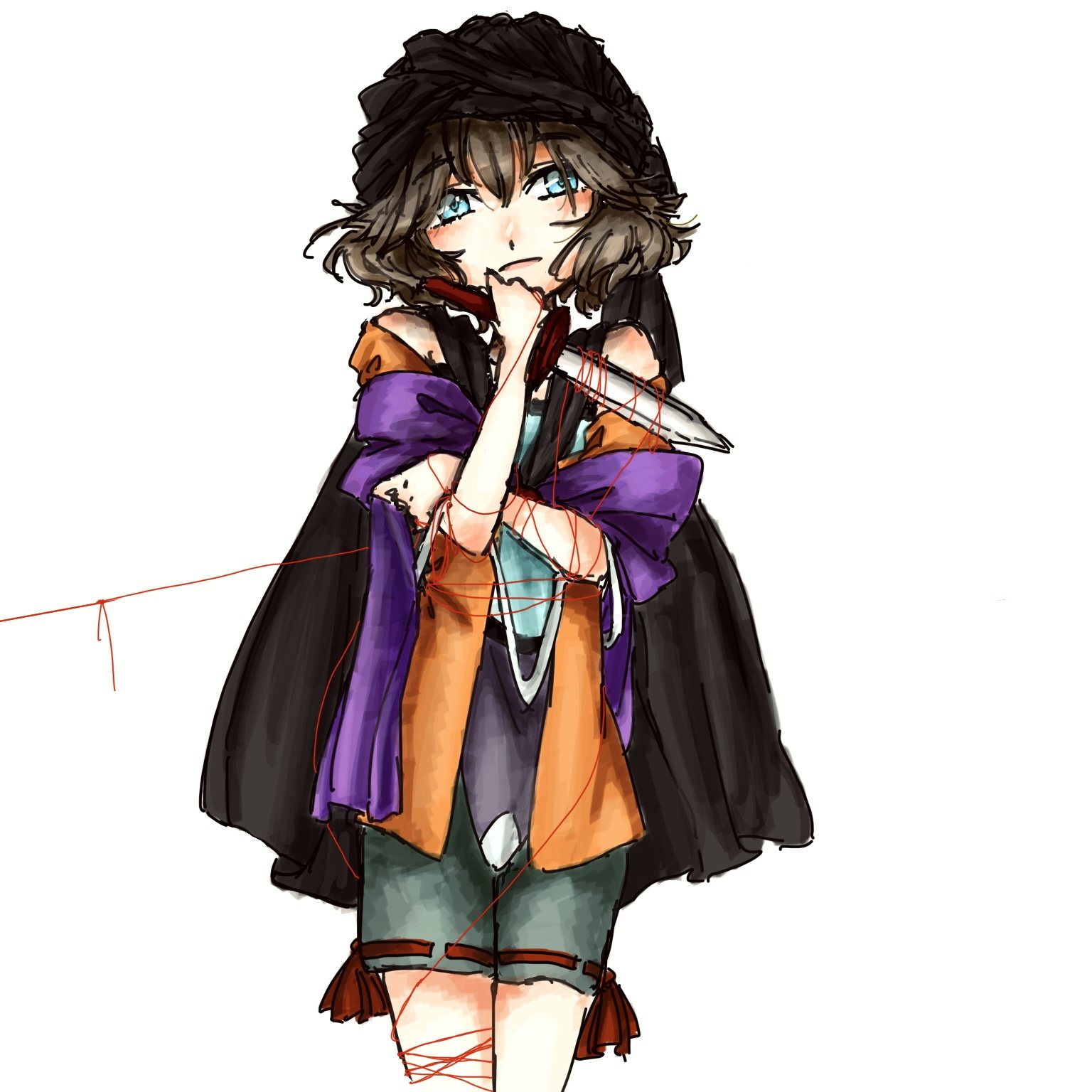 kai stiffa, cine hamal, kuzu suzumi, len'en, highres, traditional media, 1other, androgynous, bandana, bare shoulders, black bandana, black cape, blue eyes, bound, bound arms, brown hair, cape, closed mouth, cowboy shot, dot nose, expressionless, green shorts, hair between eyes, hand on own arm, head tilt, holding, holding knife, jacket, knife, light blush, lips, open clothes, open jacket, orange jacket, other focus, purple shawl, purple shirt, red ribbon, ribbon, ribbon-trimmed shorts, ribbon legwear, ribbon trim, shawl, shirt, short hair, shorts, simple background, sleeveless, sleeveless jacket, solo, standing, string, string of fate, turban, two-tone shirt, white background, white shirt